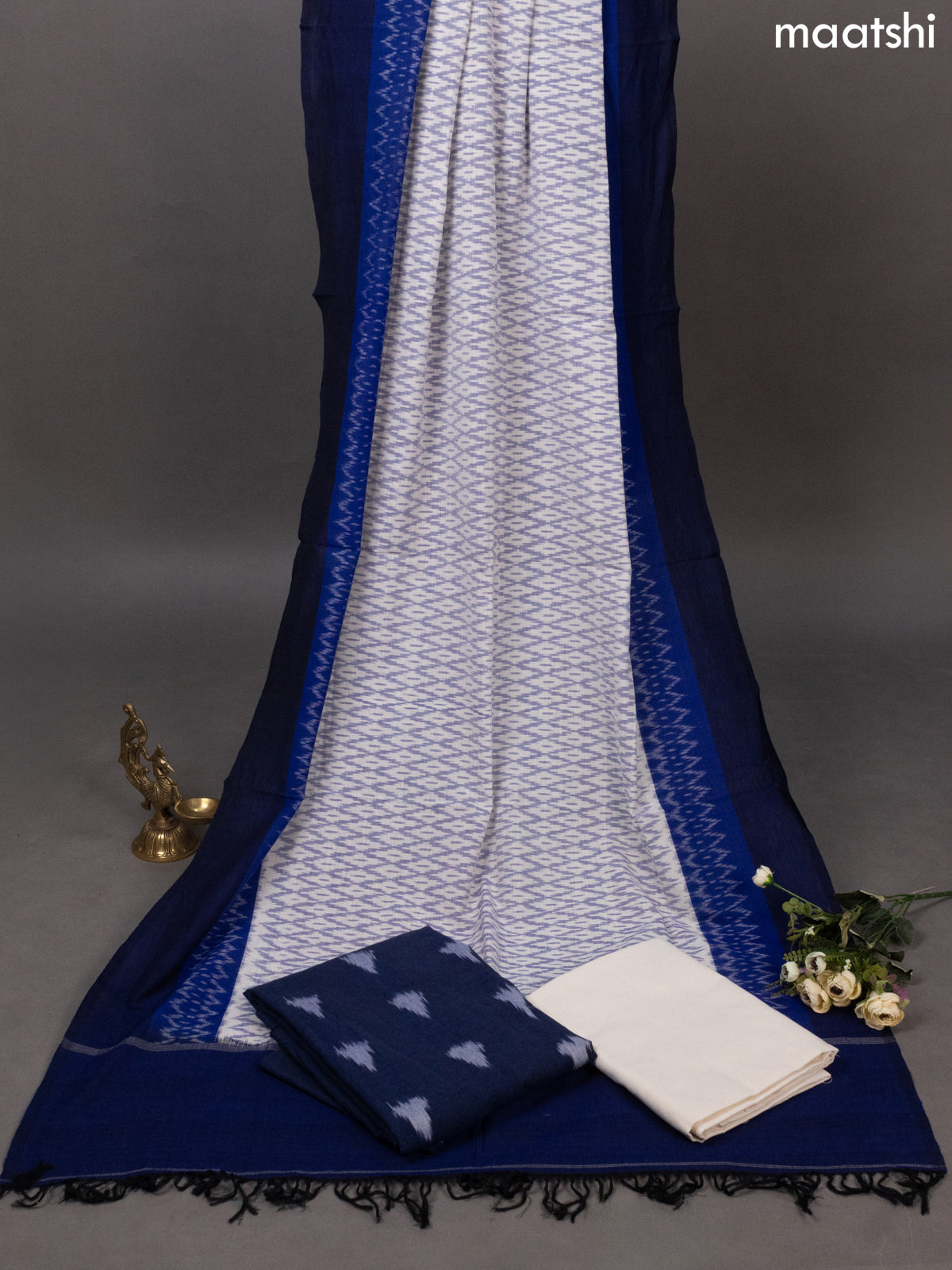 Blue and Off White Ikat Cotton Dress Material With Ikat Butta Weaves