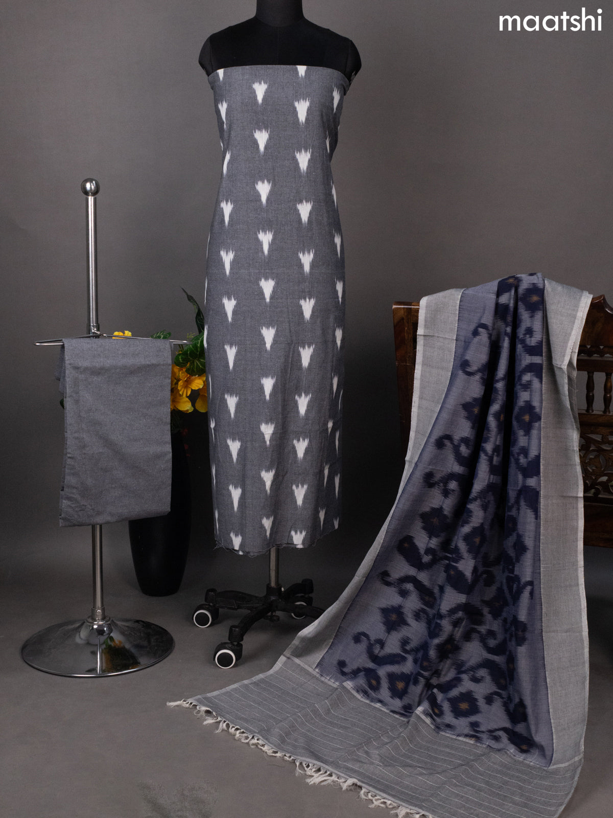 Grey and Blue Ikat Cotton Dress Material With Ikat Butta Weaves
