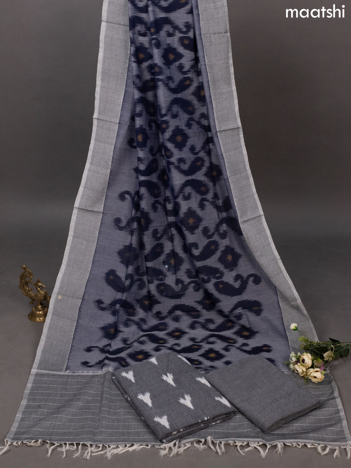 Grey and Blue Ikat Cotton Dress Material With Ikat Butta Weaves