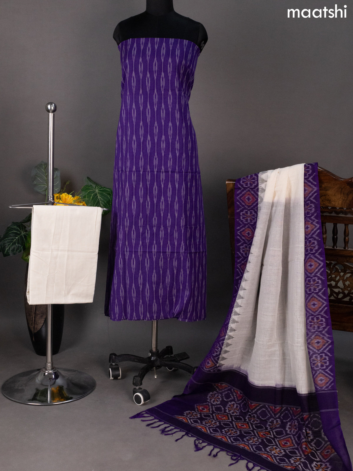 Violet and Off White Ikat Cotton Dress Material With Ikat Weaves
