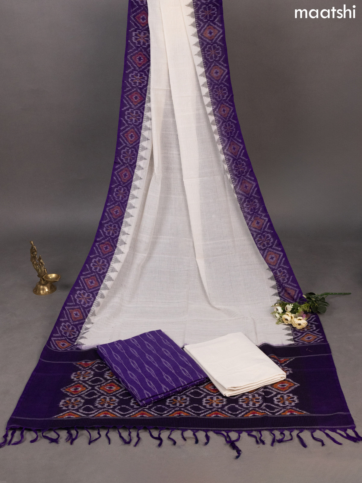 Violet and Off White Ikat Cotton Dress Material With Ikat Weaves