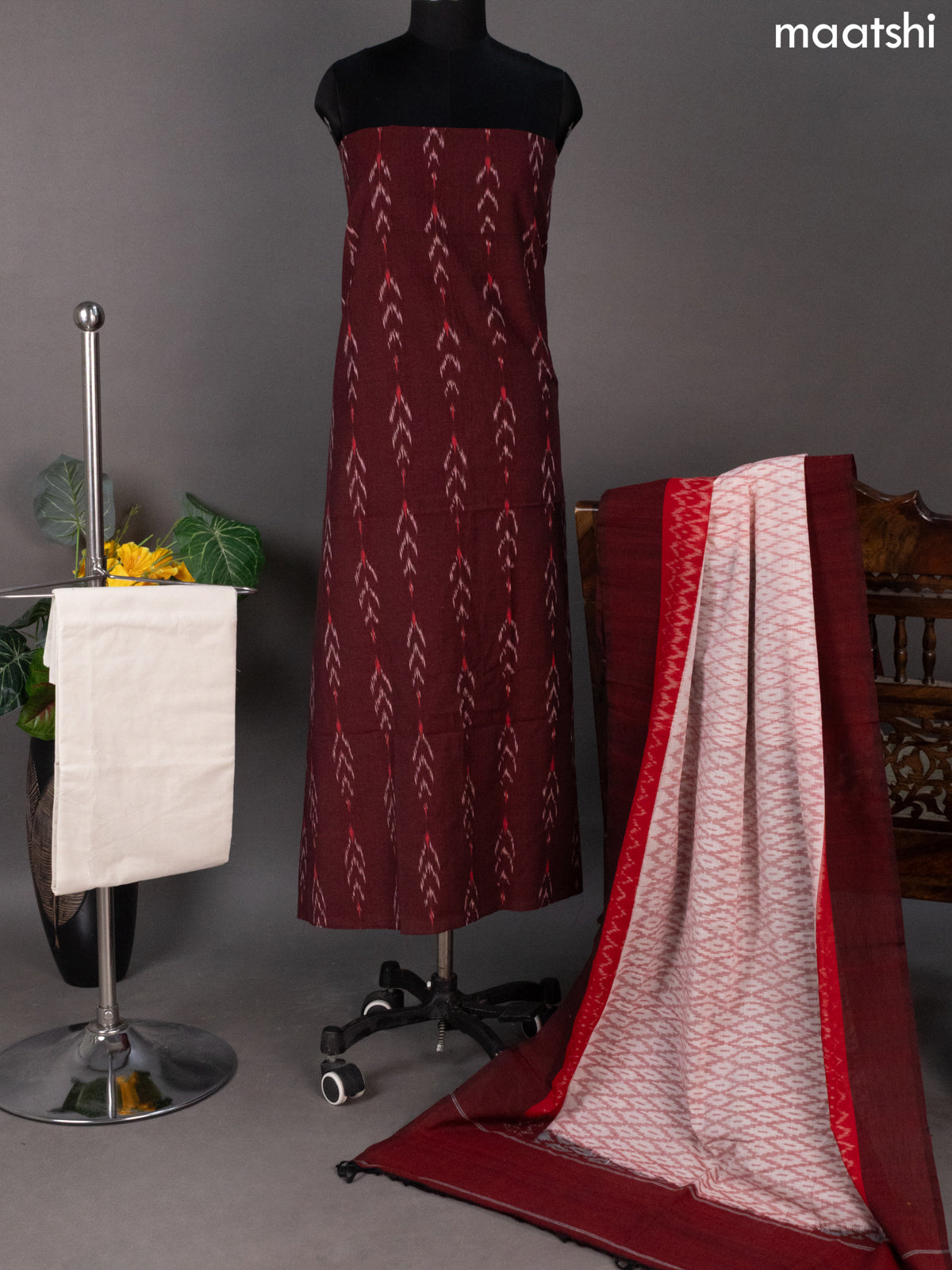 Maroon and Off White Ikat Cotton Dress Material With Ikat Weaves