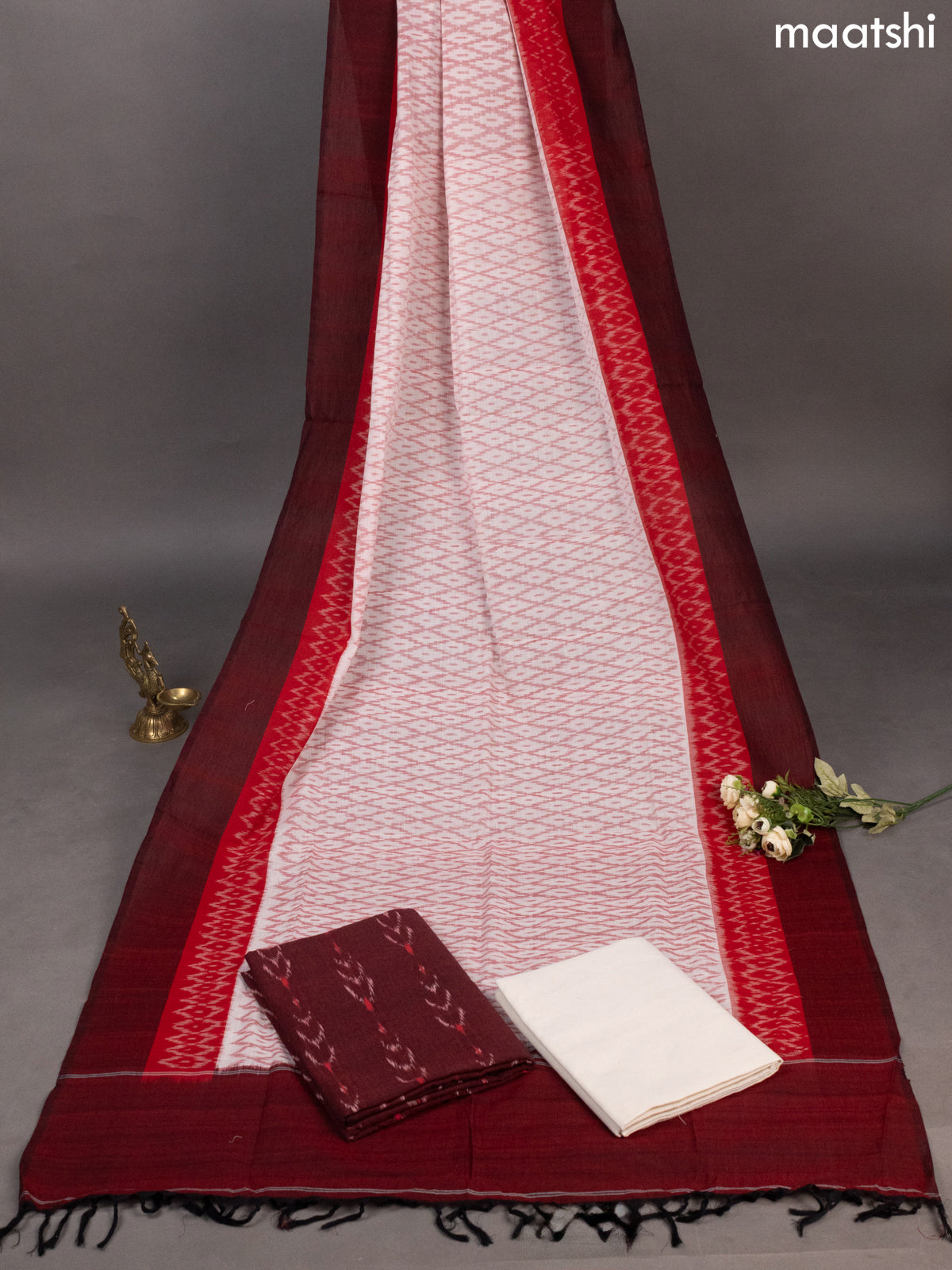 Maroon and Off White Ikat Cotton Dress Material With Ikat Weaves