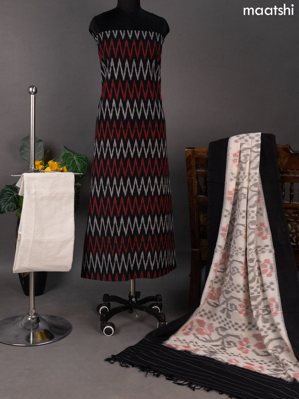 Black and Off White Ikat Cotton Dress Material With Ikat Weaves