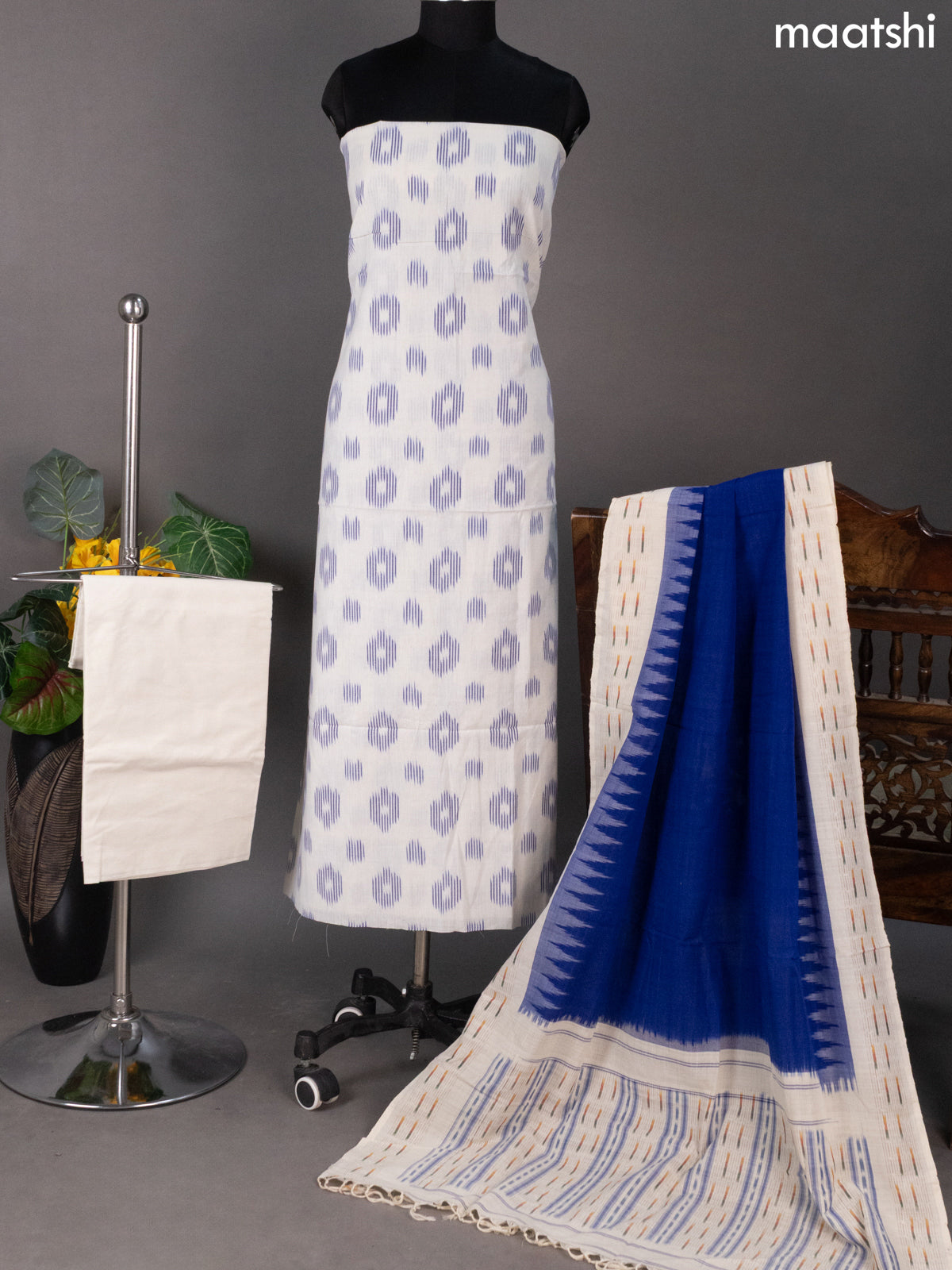 Off White and Blue Ikat Cotton Dress Material With Ikat Butta Weaves