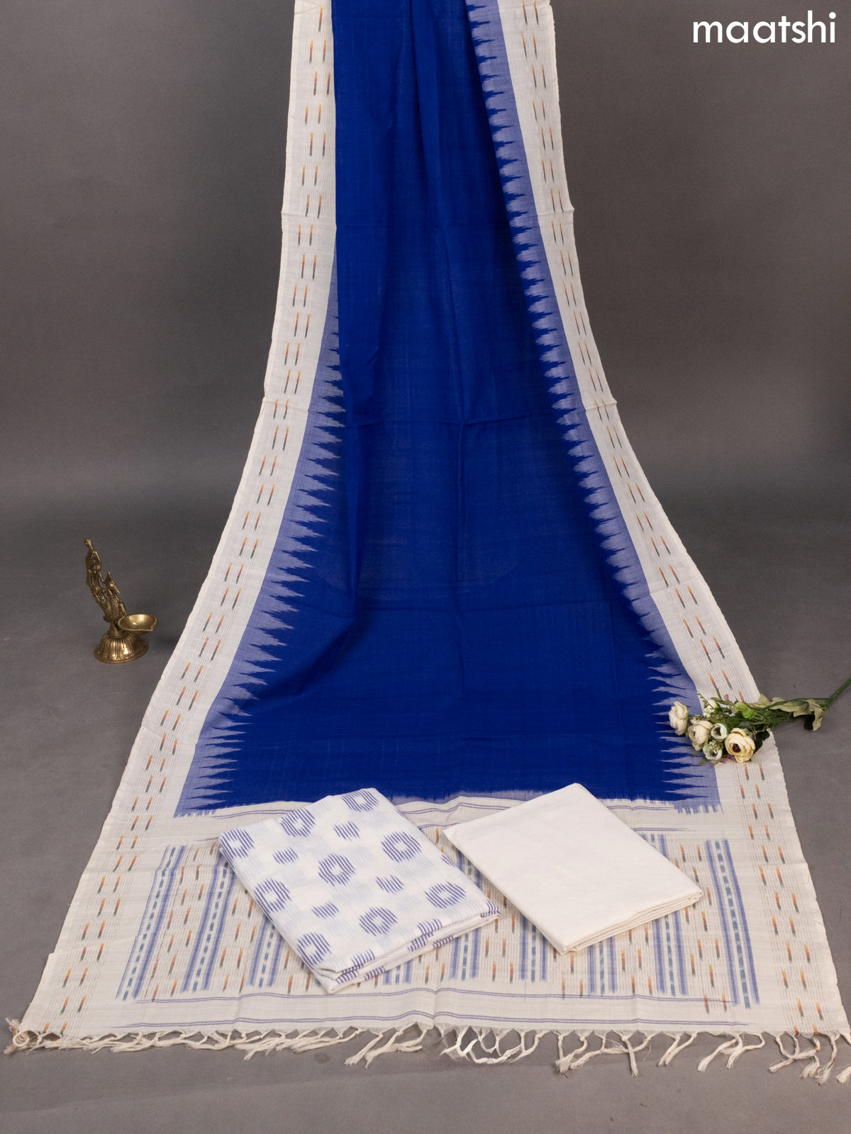 Off White and Blue Ikat Cotton Dress Material With Ikat Butta Weaves