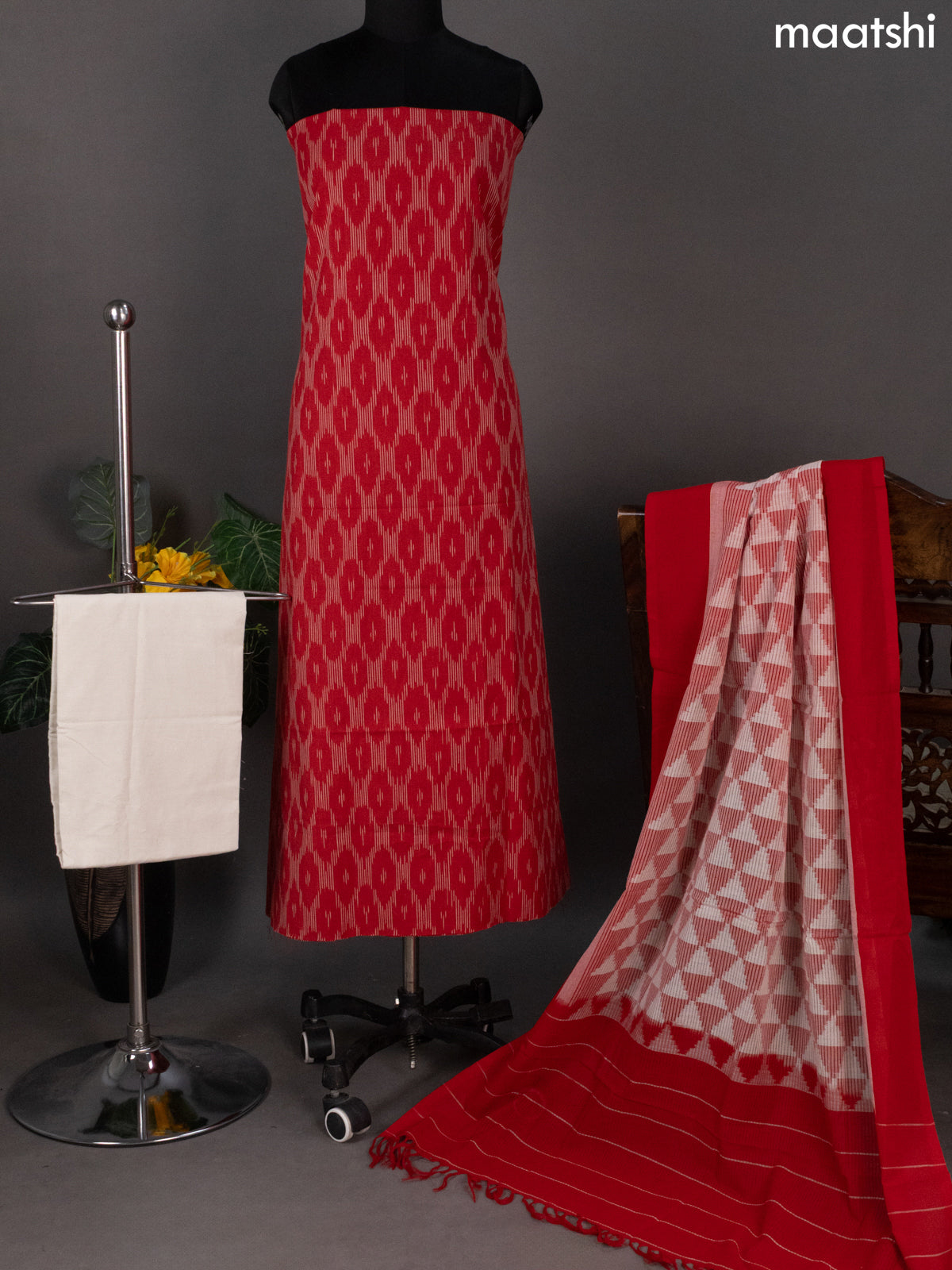 Red and Off White Ikat Cotton Dress Material With Ikat Weaves