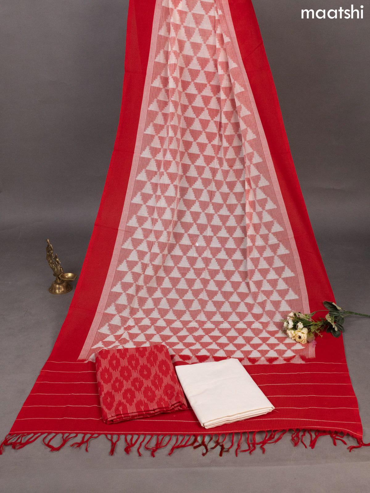 Red and Off White Ikat Cotton Dress Material With Ikat Weaves