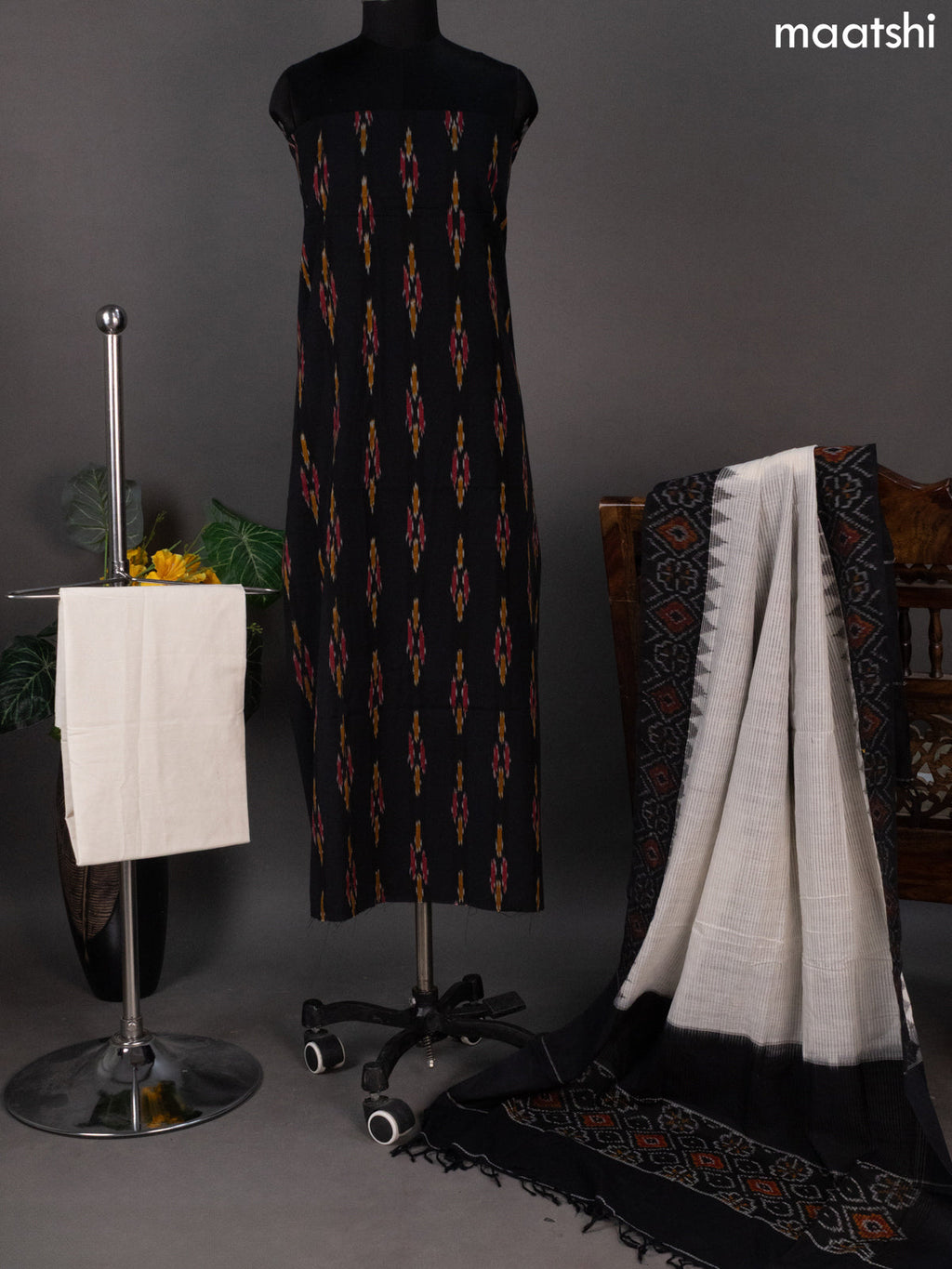 Black and Off White Ikat Cotton Dress Material With Ikat Butta Weaves
