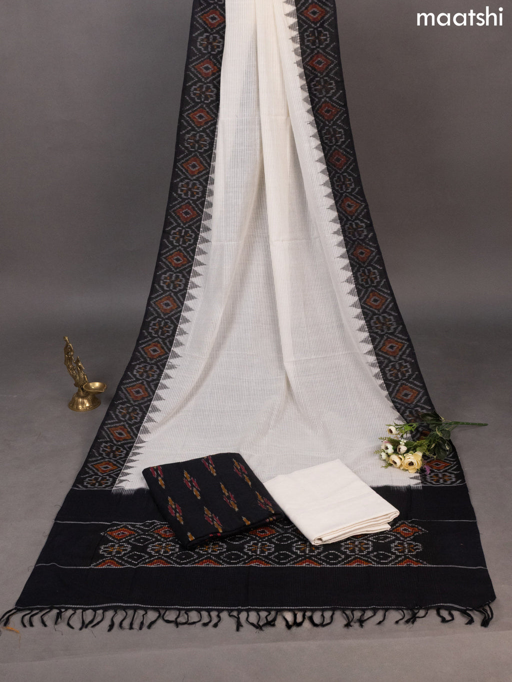Black and Off White Ikat Cotton Dress Material With Ikat Butta Weaves