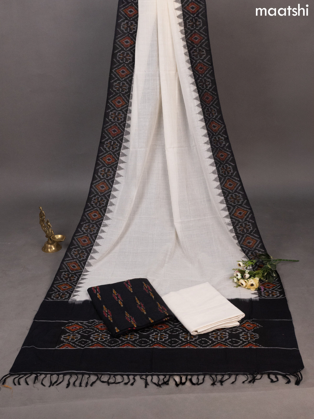 Black and Off White Ikat Cotton Dress Material With Ikat Butta Weaves