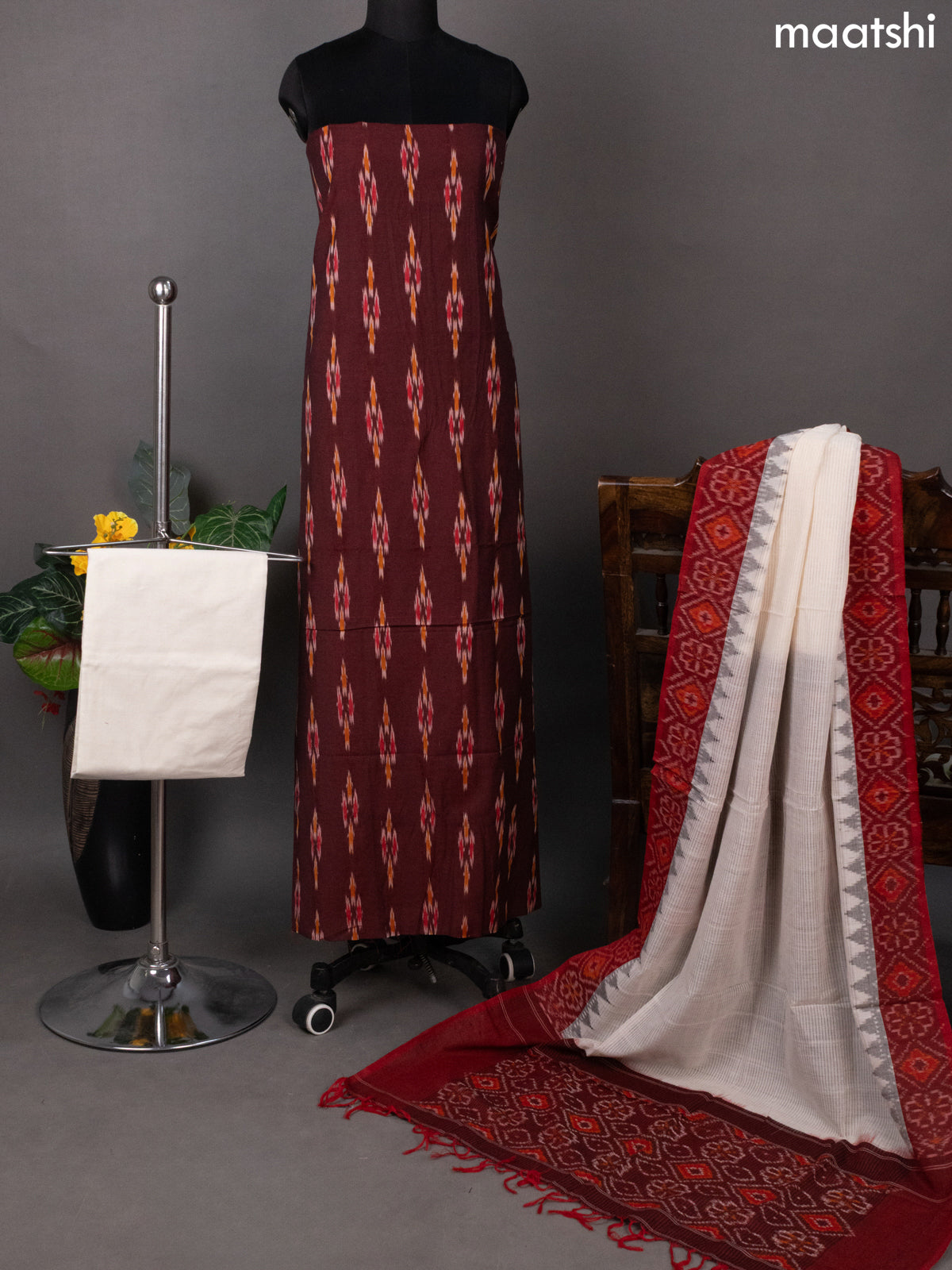 Maroon and Off White Ikat Cotton Dress Material With Ikat Butta Weaves