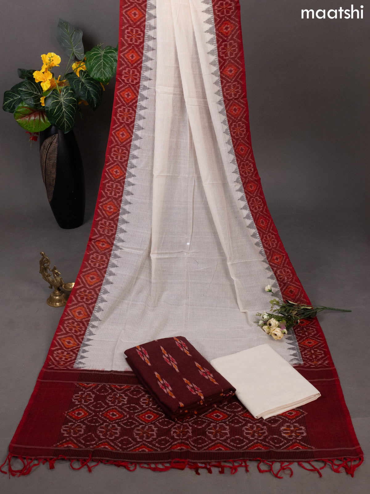 Maroon and Off White Ikat Cotton Dress Material With Ikat Butta Weaves