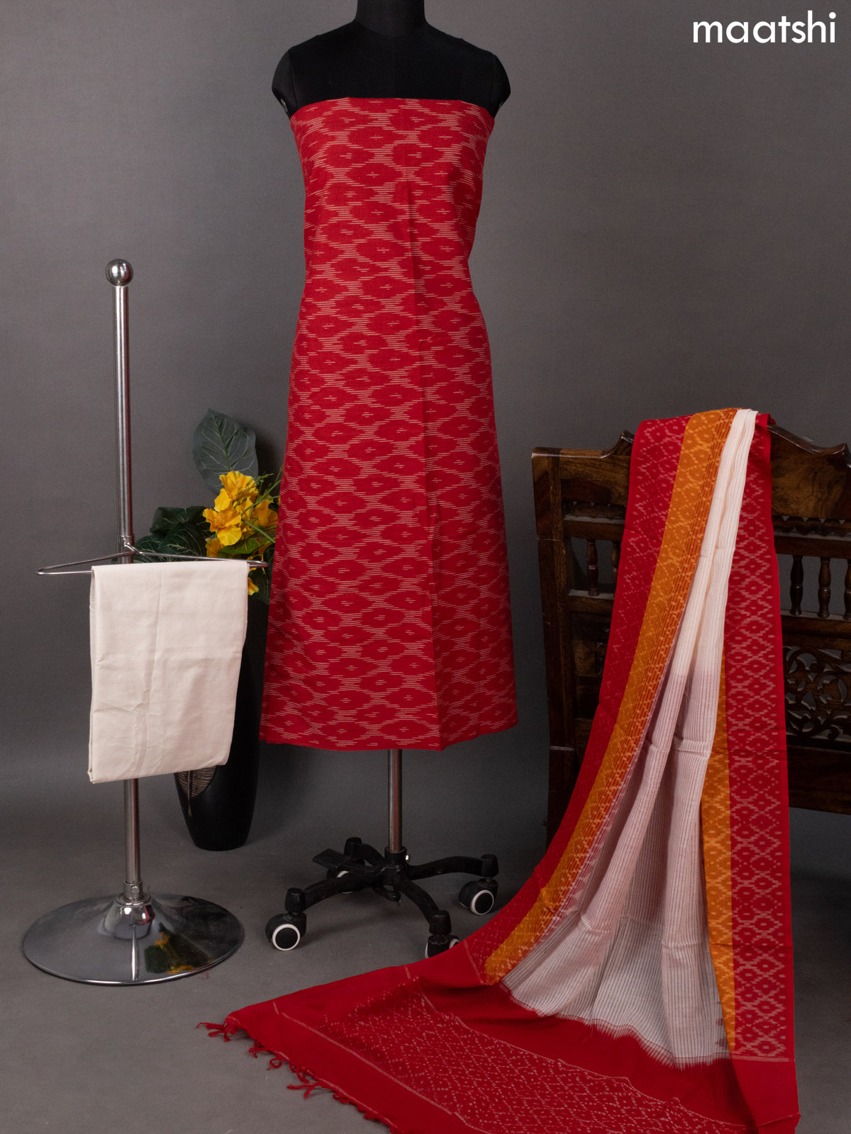 Red and Off White Ikat Cotton Dress Material With Ikat Weaves