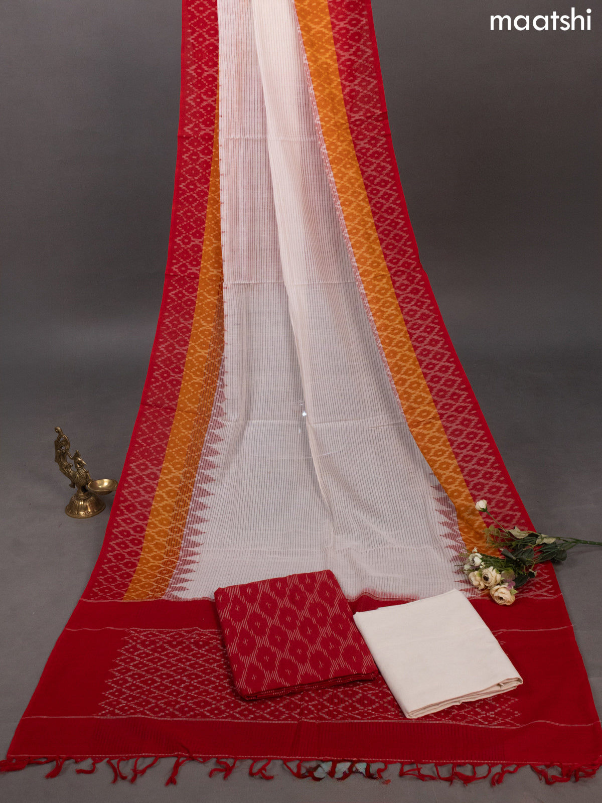 Red and Off White Ikat Cotton Dress Material With Ikat Weaves