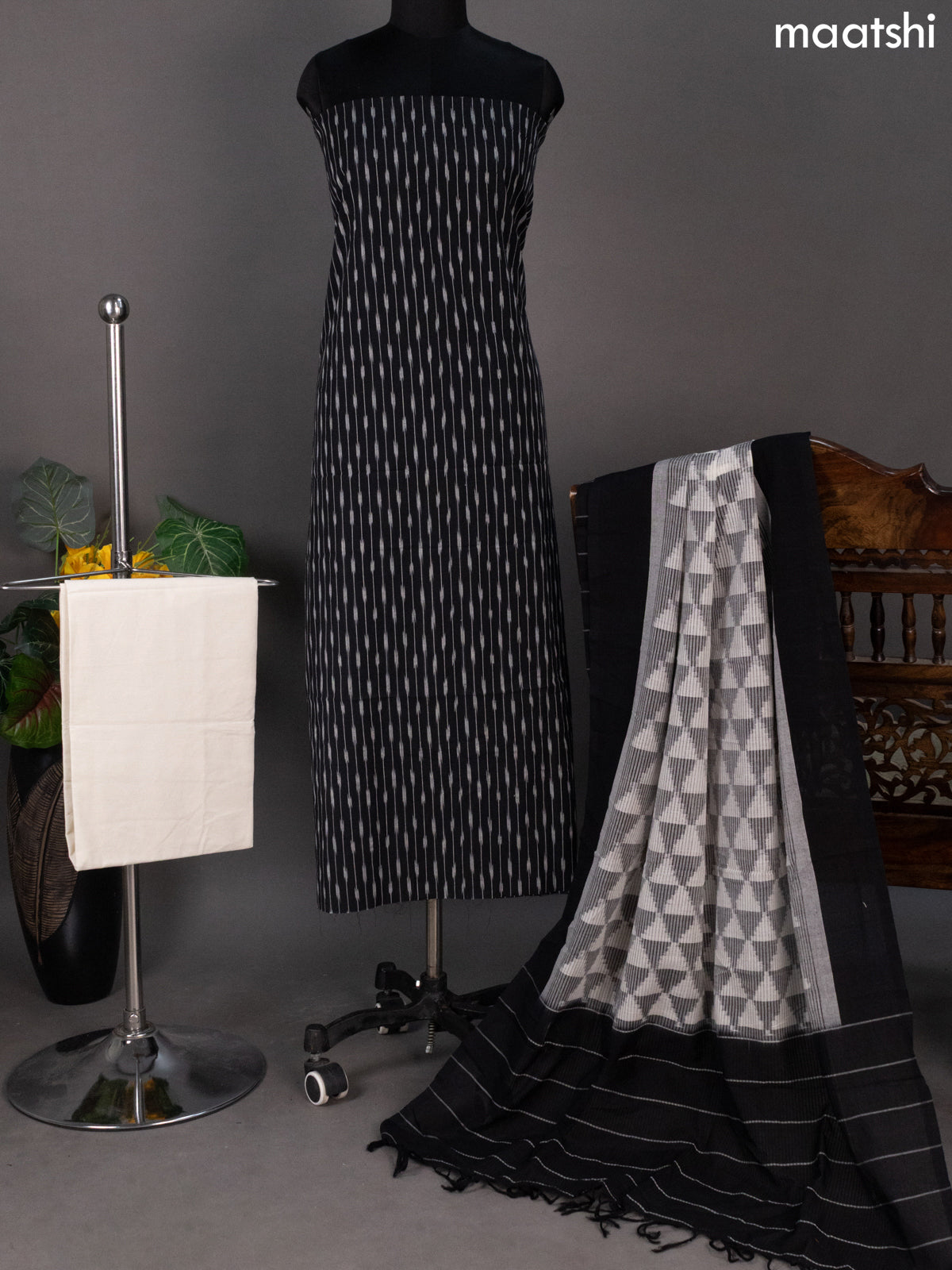 Black and Off White Ikat Cotton Dress Material With Ikat Weaves