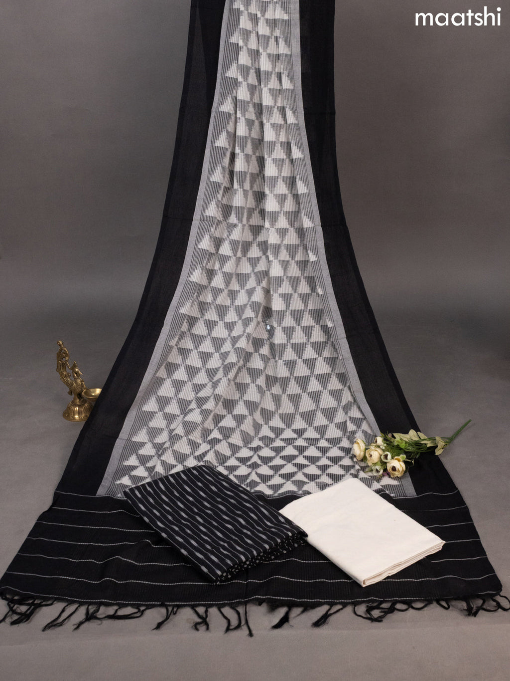 Black and Off White Ikat Cotton Dress Material With Ikat Weaves