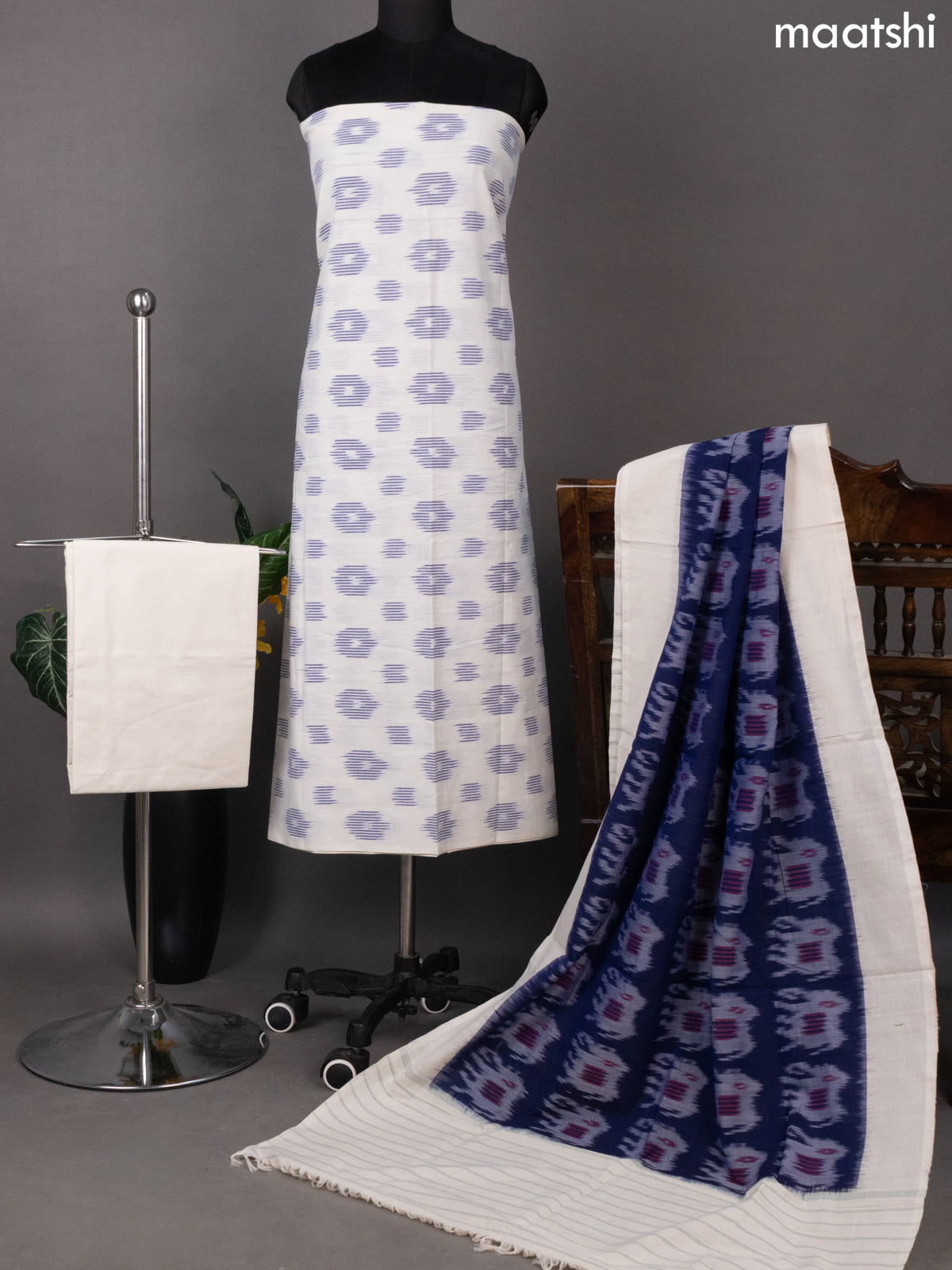 Off White and Blue Ikat Cotton Dress Material With Ikat Butta Weaves