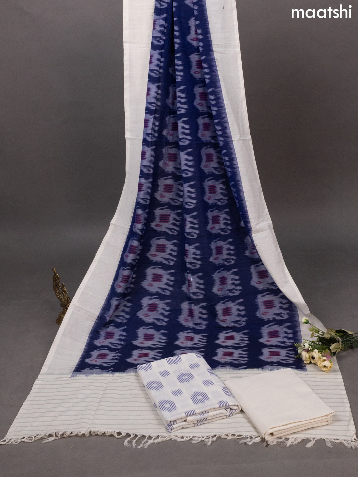 Off White and Blue Ikat Cotton Dress Material With Ikat Butta Weaves