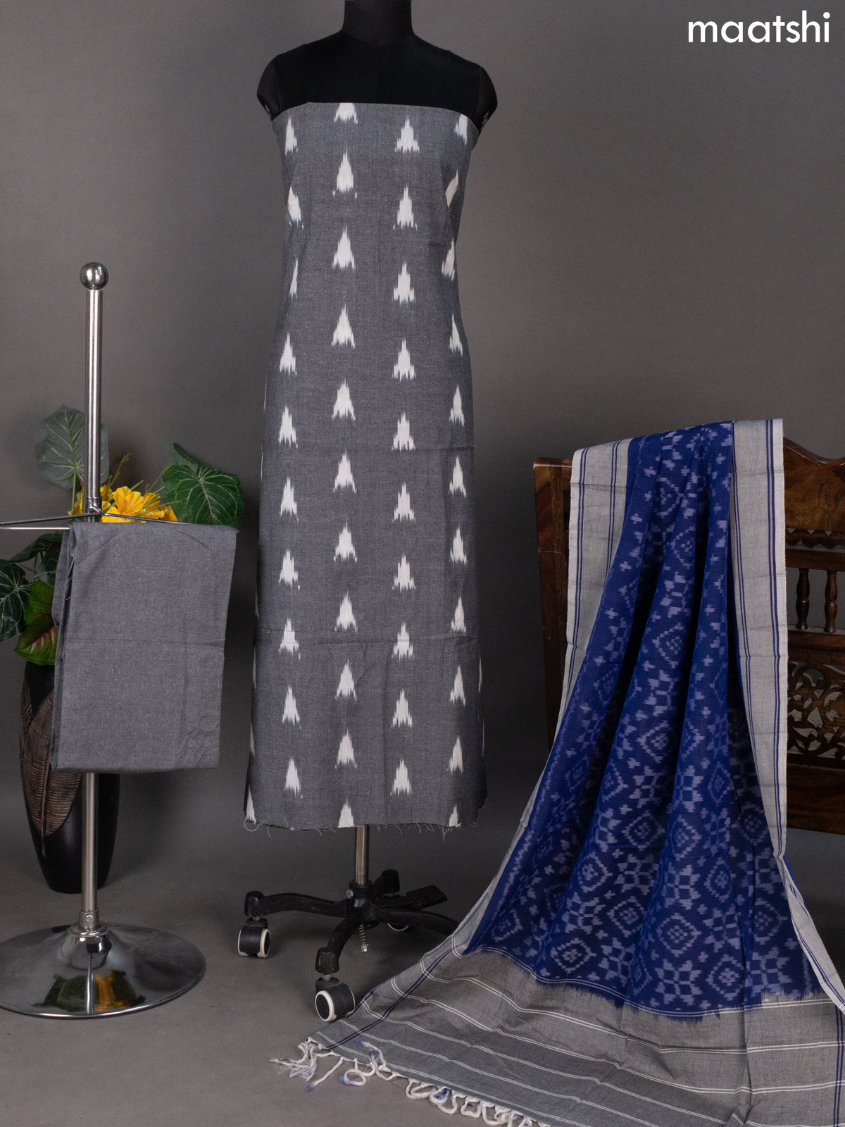 Grey and Blue Ikat Cotton Dress Material With Ikat Butta Weaves