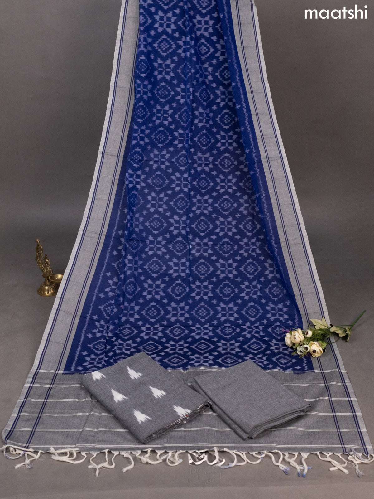 Grey and Blue Ikat Cotton Dress Material With Ikat Butta Weaves