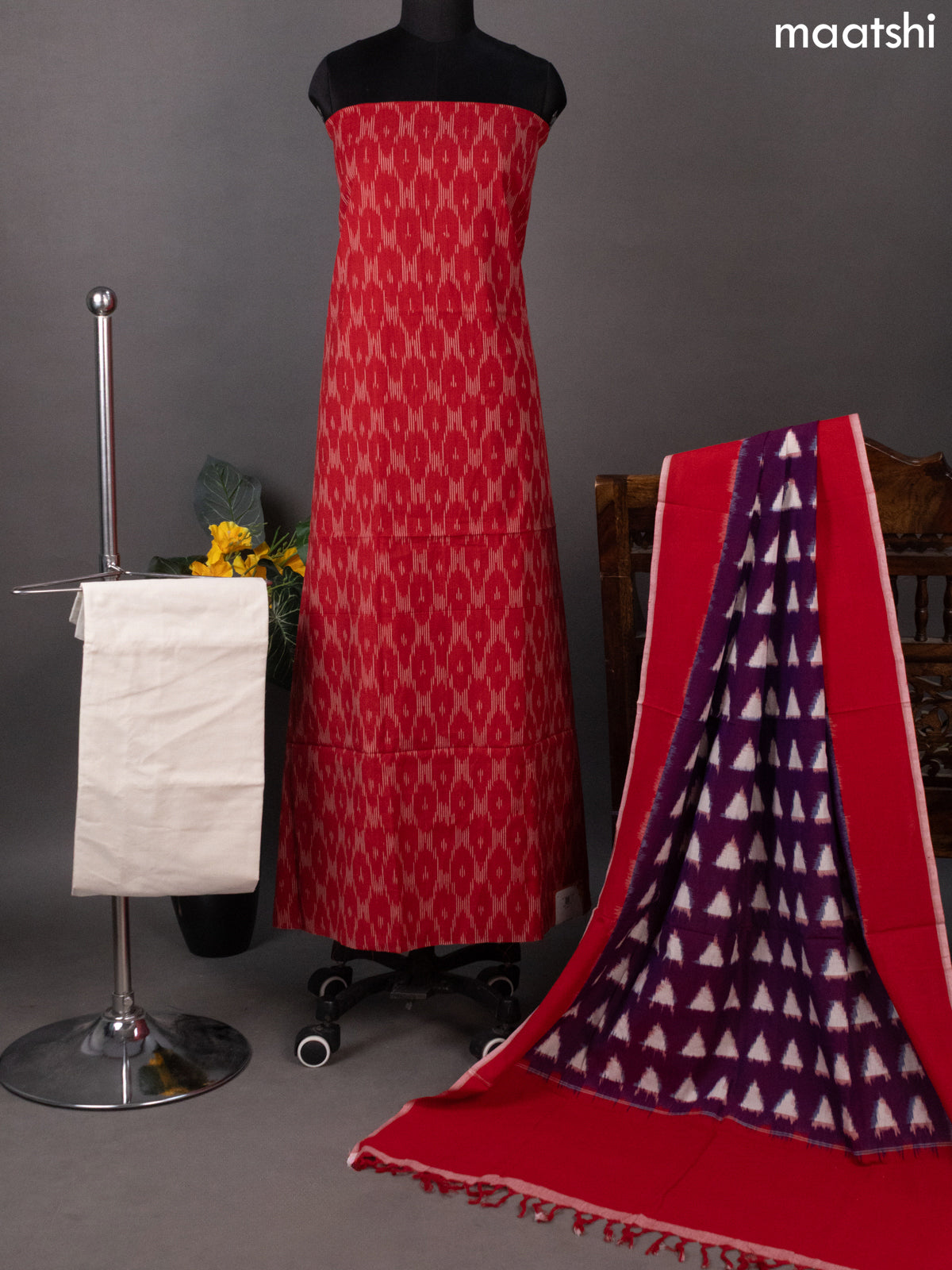 Red and Off White Ikat Cotton Dress Material With Ikat Weaves