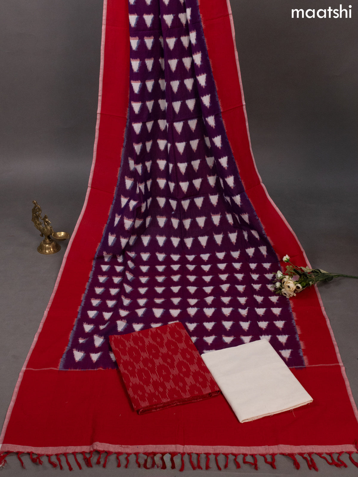 Red and Off White Ikat Cotton Dress Material With Ikat Weaves