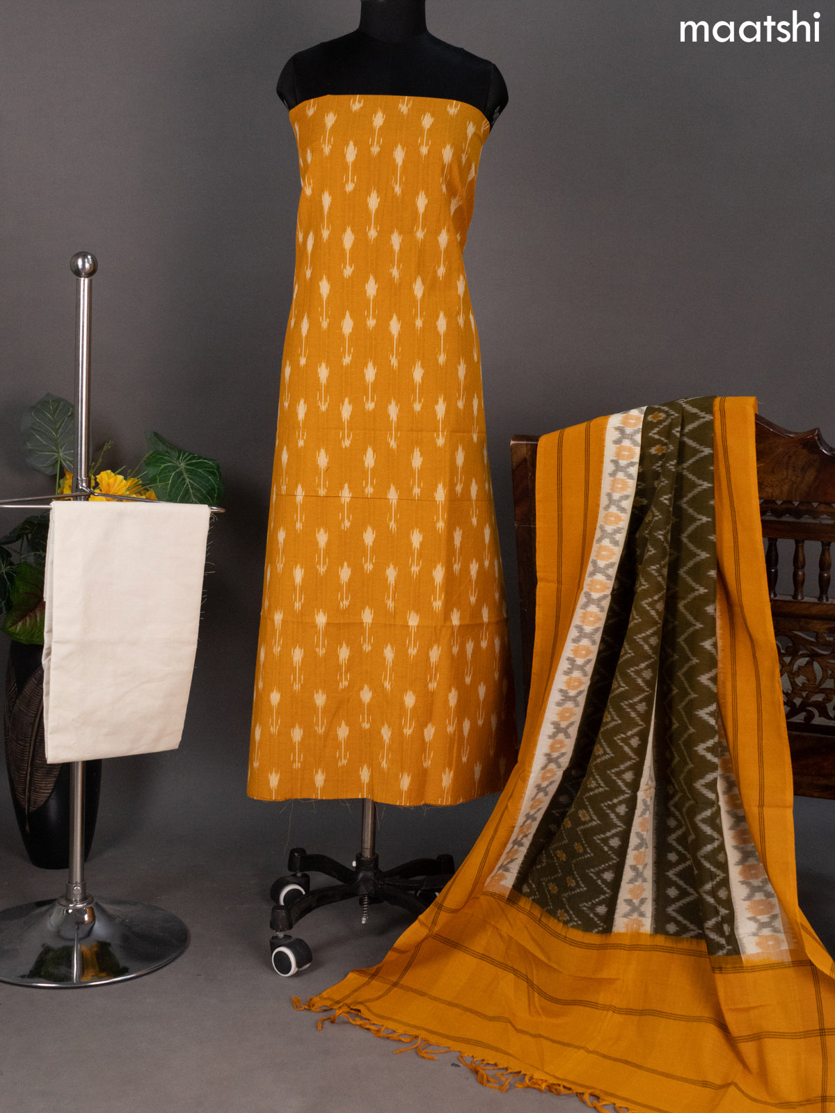 Mustard Yellow and Off White Ikat Cotton Dress Material With Ikat Butta Weaves