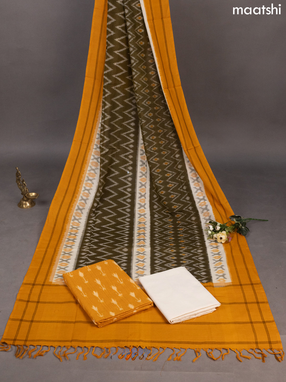 Mustard Yellow and Off White Ikat Cotton Dress Material With Ikat Butta Weaves