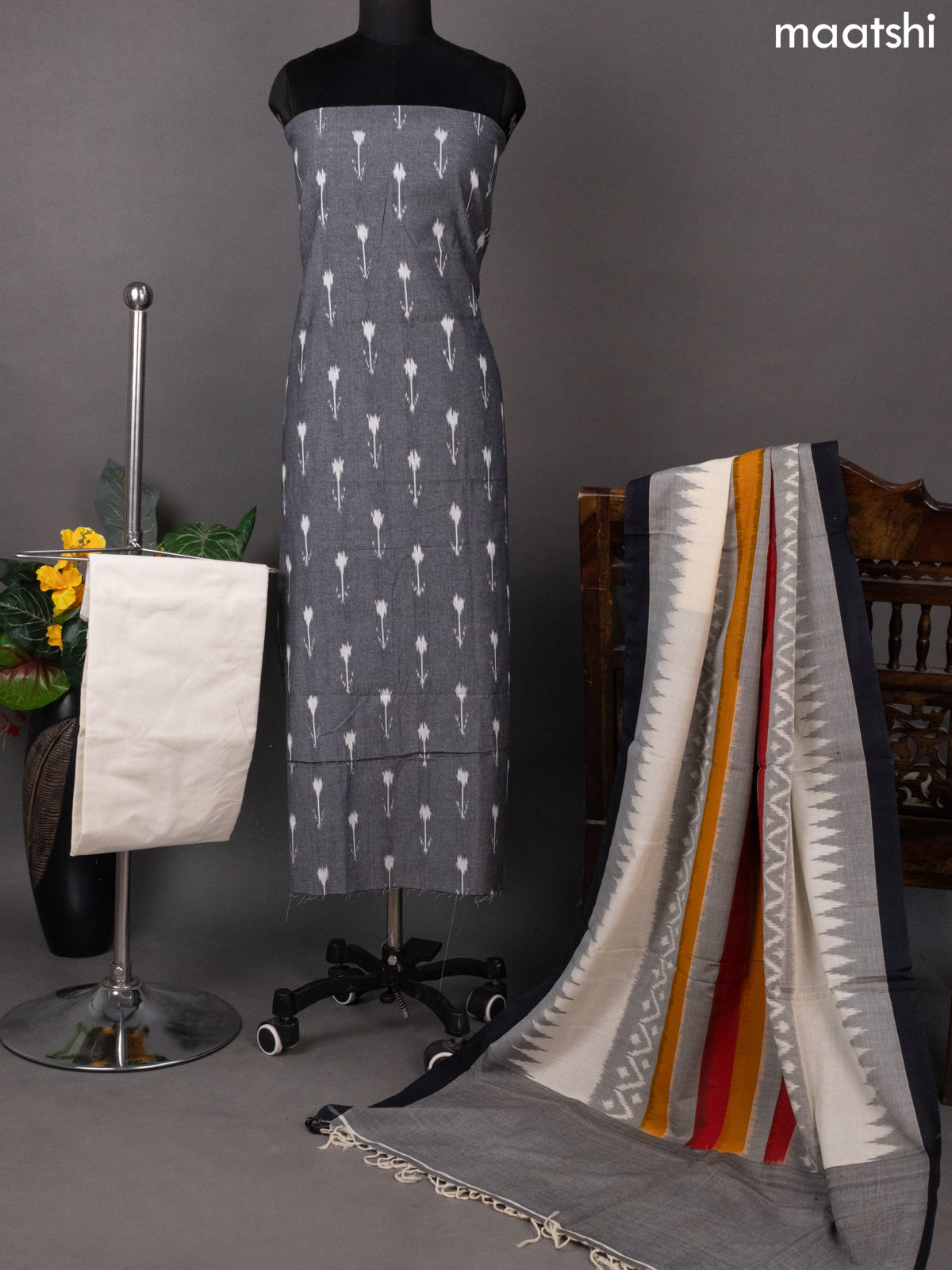 Grey and Off White Ikat Cotton Dress Material With Ikat Butta Weaves