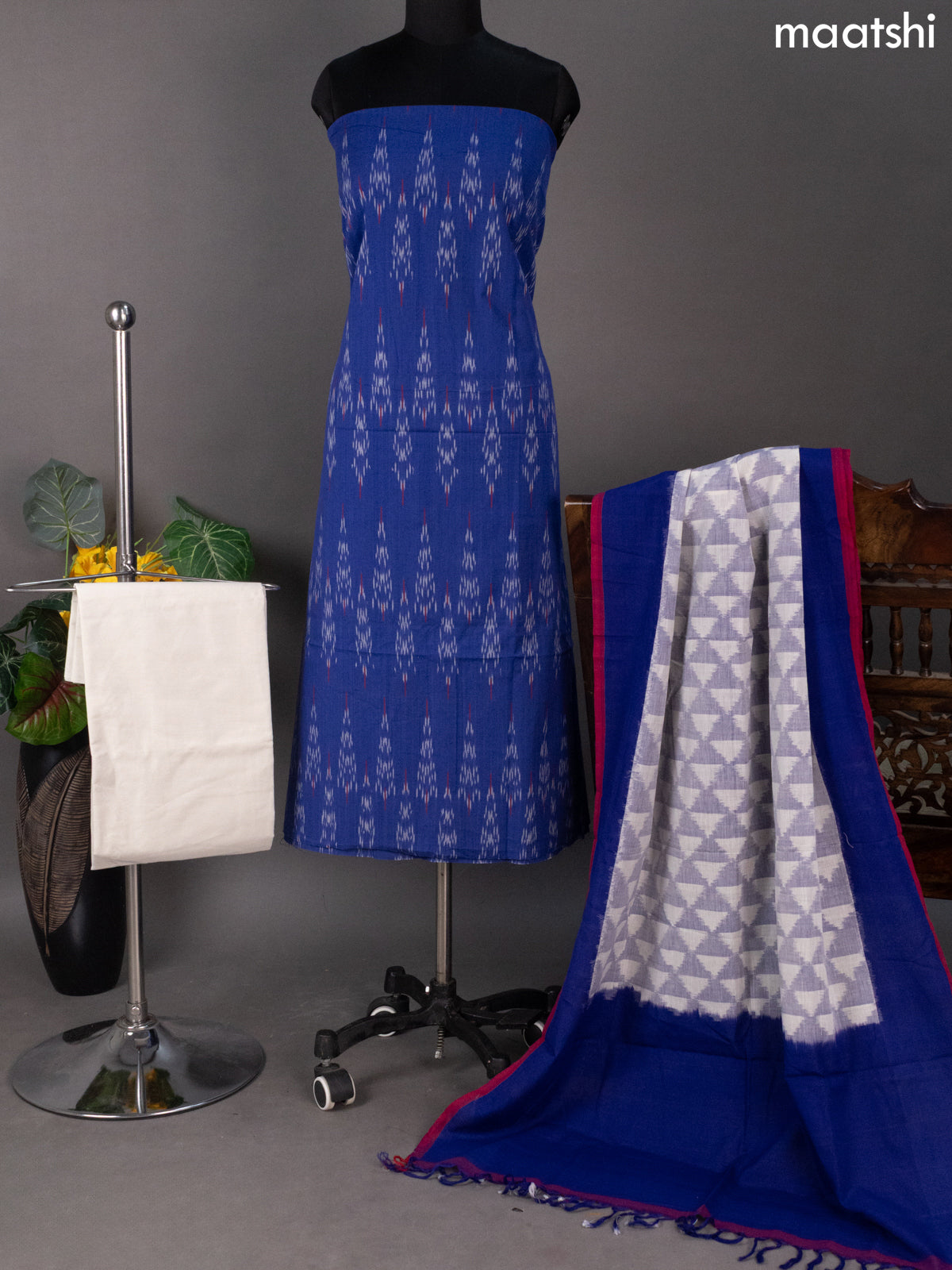 Blue and Off White Ikat Cotton Dress Material With Ikat Butta Weaves