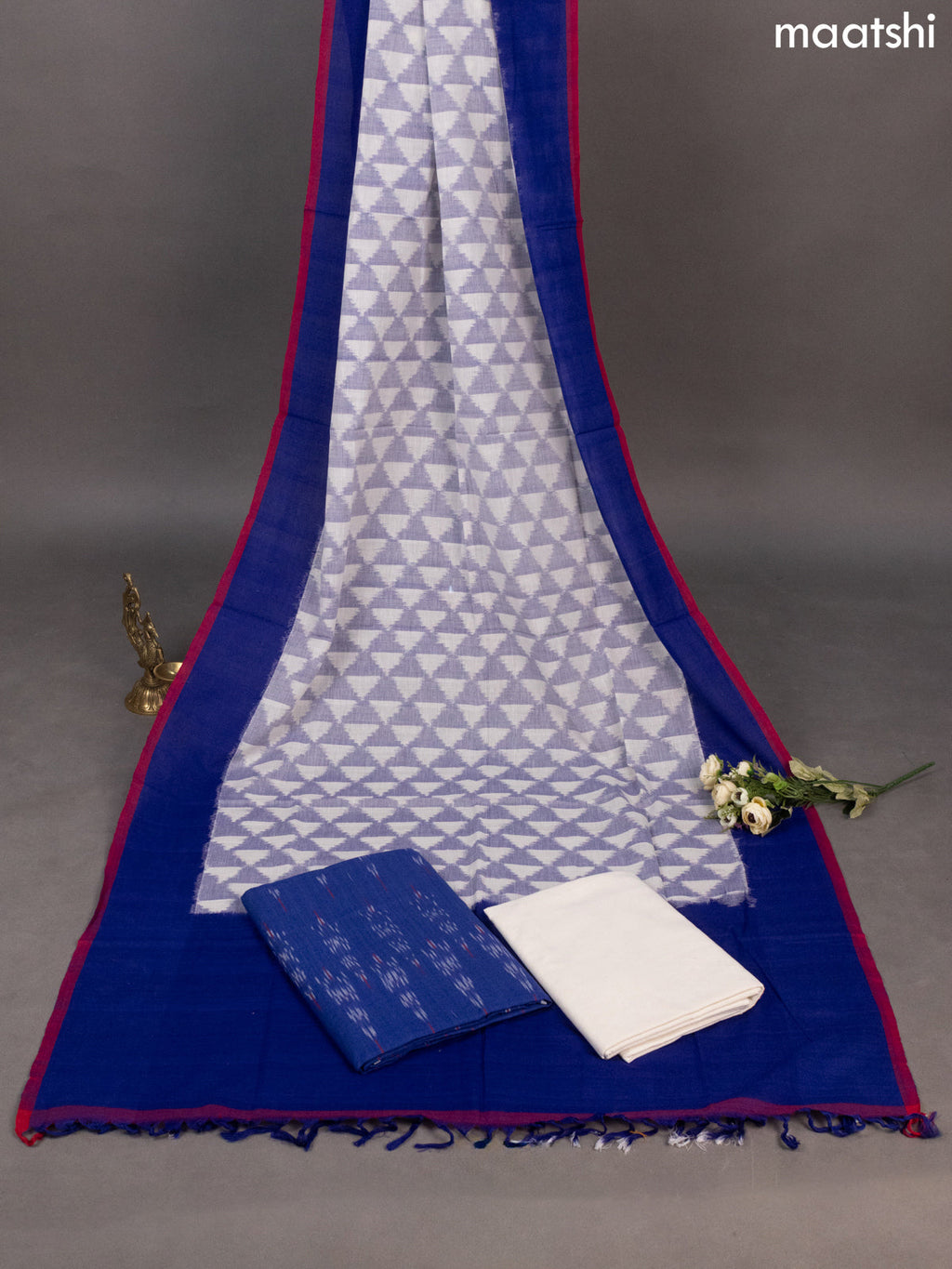 Blue and Off White Ikat Cotton Dress Material With Ikat Butta Weaves