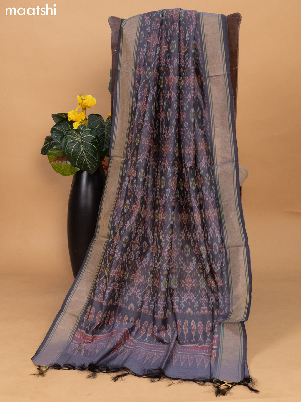 Orange and Grey Ikat Silk Cotton Dress Material With Ikat Weaves