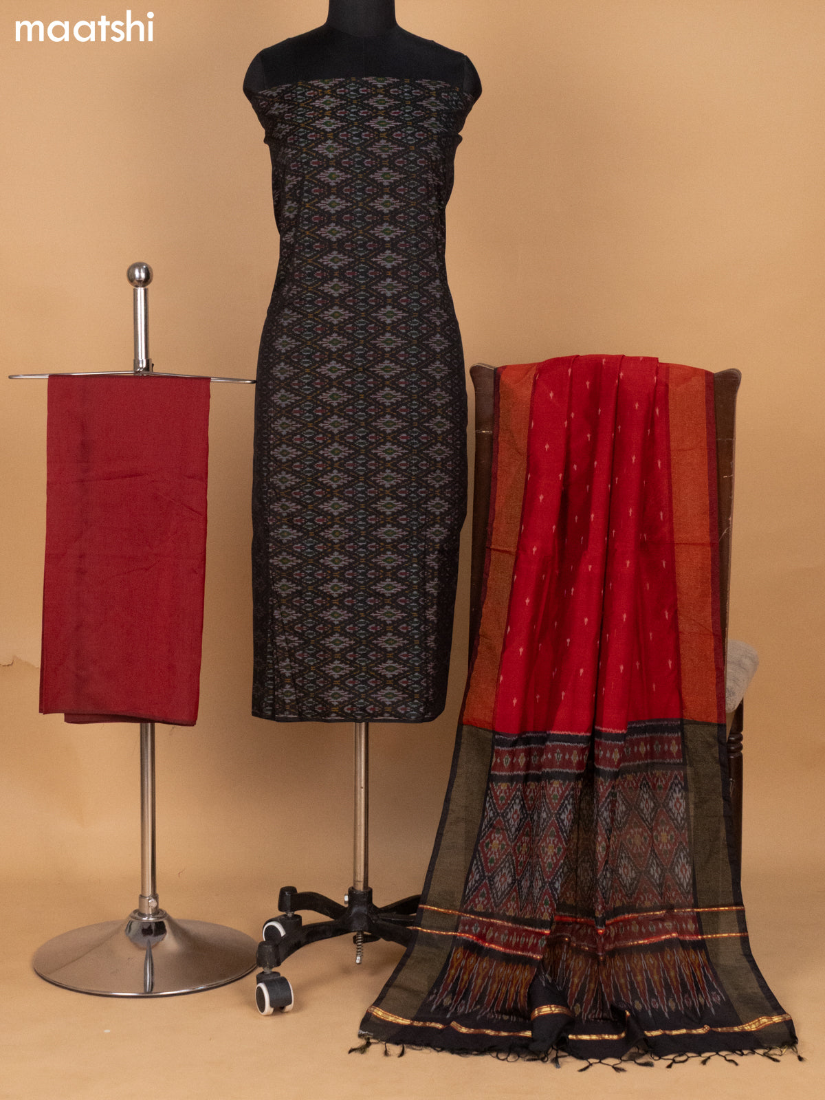 Black and Maroon Ikat Silk Cotton Dress Material With Ikat Weaves
