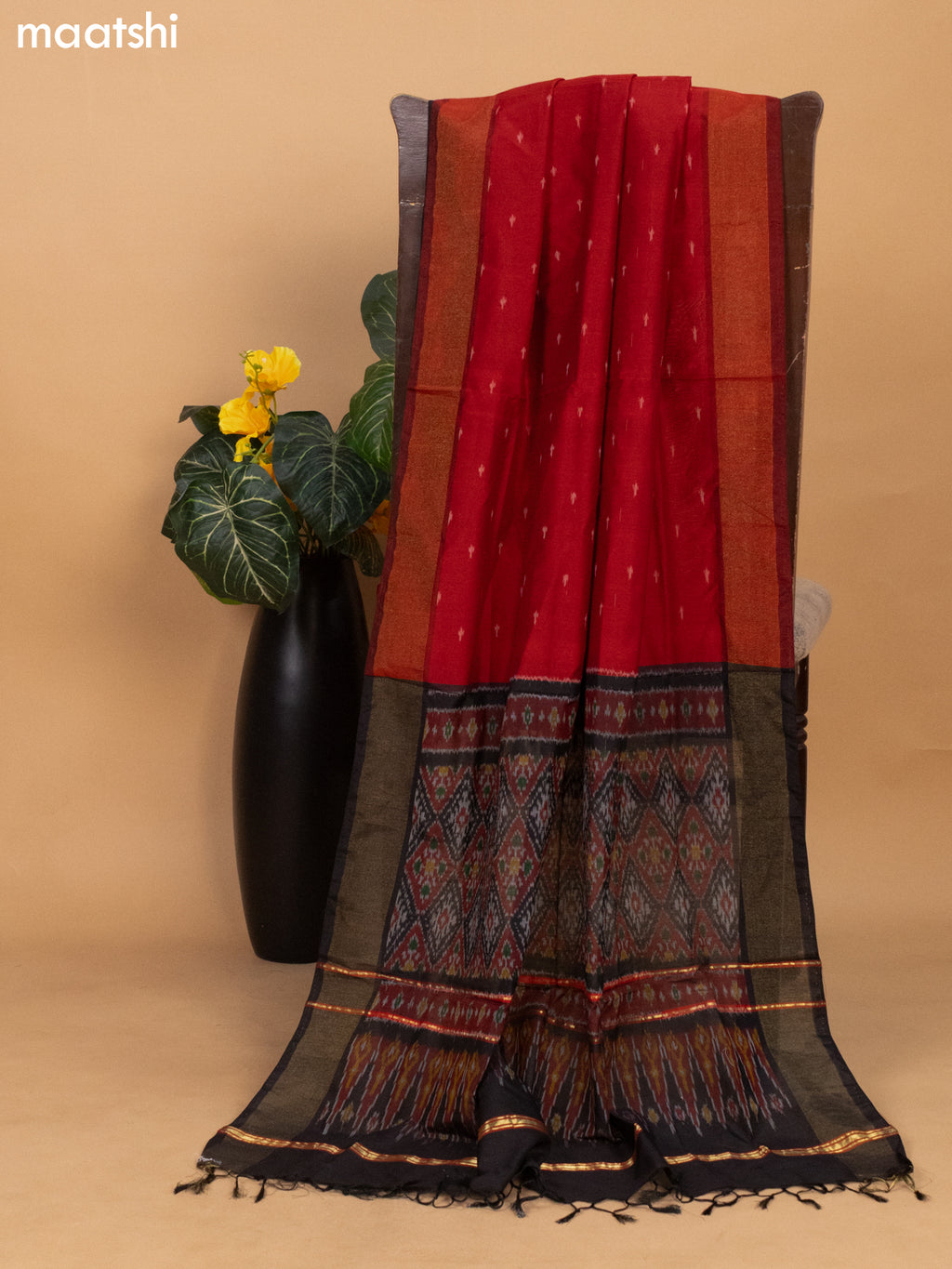 Black and Maroon Ikat Silk Cotton Dress Material With Ikat Weaves