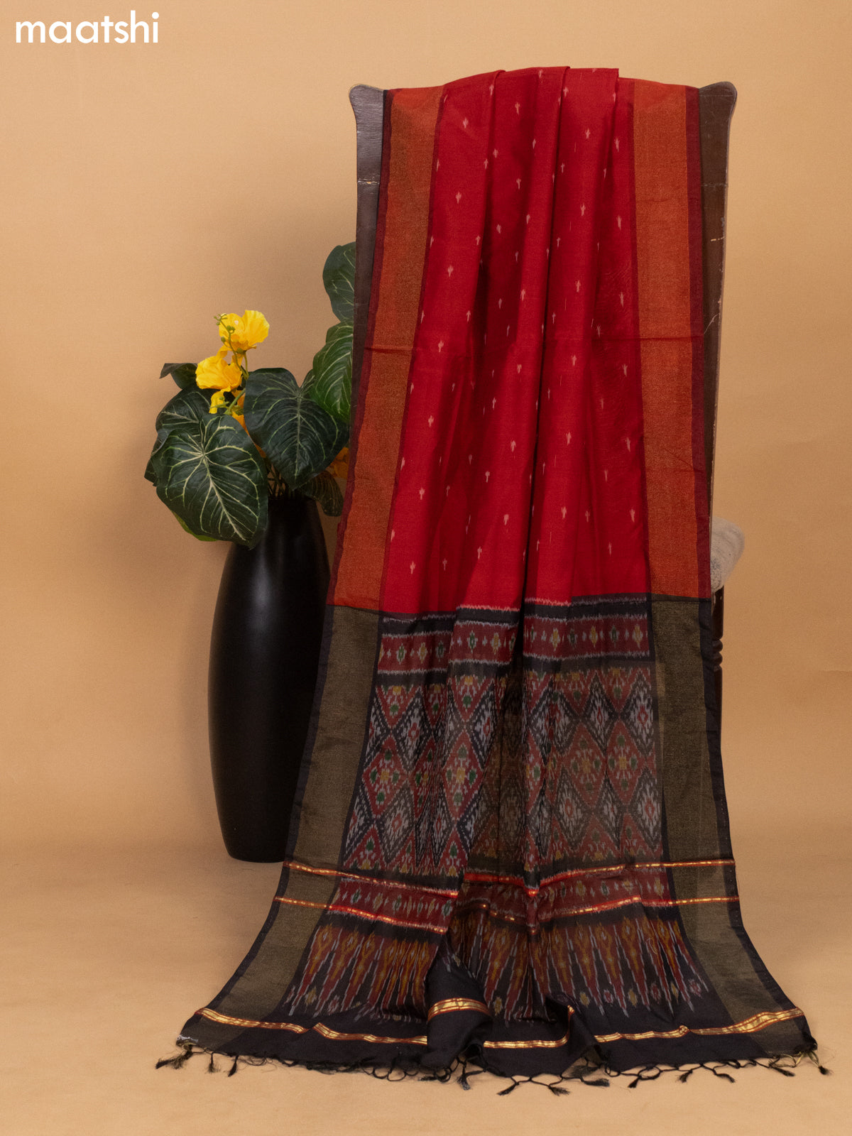 Black and Maroon Ikat Silk Cotton Dress Material With Ikat Weaves