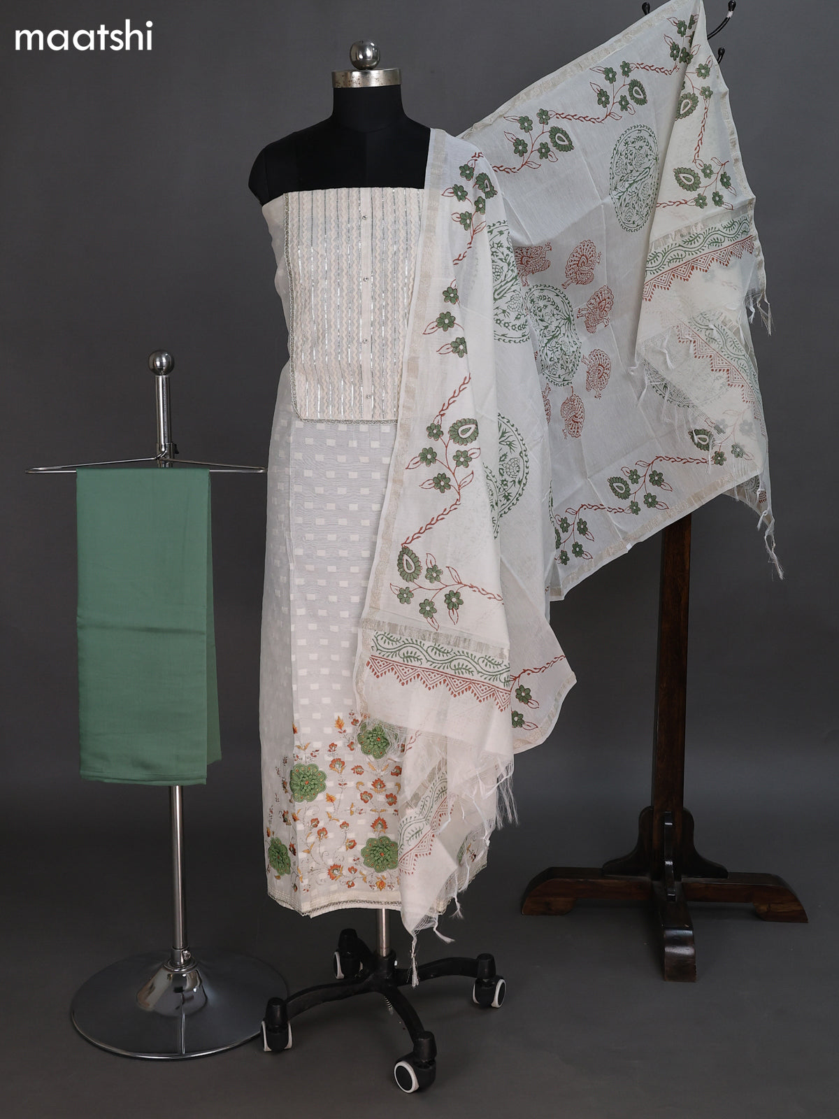 Cream and Pastel Green Chandri Dress Material With Embroidery Work Pattern and Bottom & Dupatta