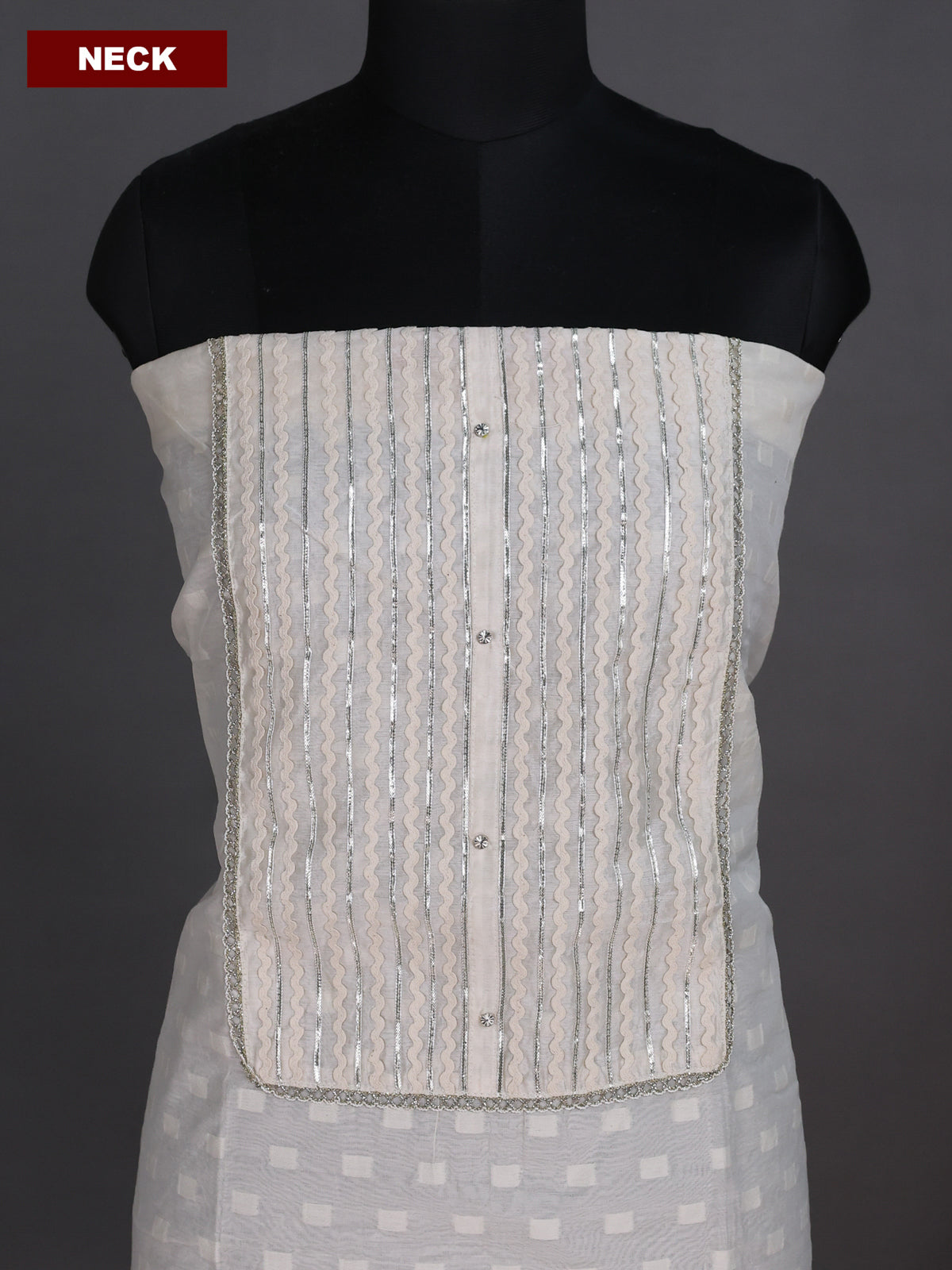 Cream and Pastel Green Chandri Dress Material With Embroidery Work Pattern and Bottom & Dupatta