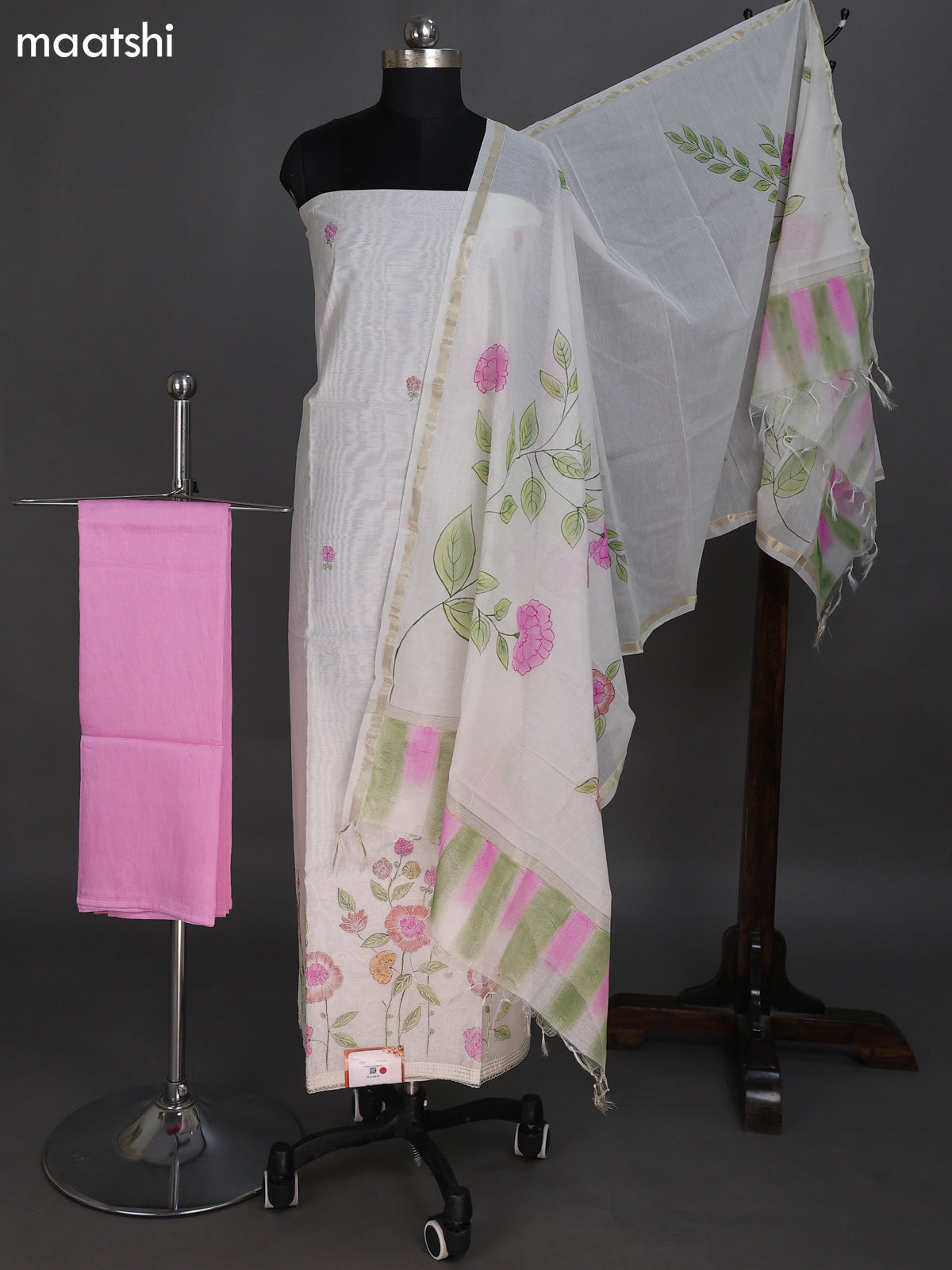 Cream and Peach Pink Chandri Dress Material With Floral Prints & Gota Patti Work Pattern and Bottom & Dupatta