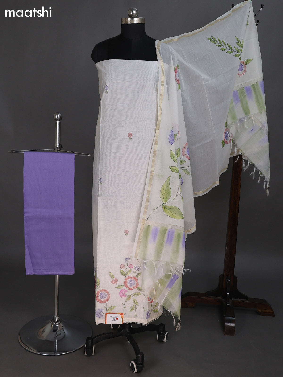 Cream and Lavender Chandri Dress Material With Floral Prints & Gota Patti Work Pattern and Bottom & Dupatta