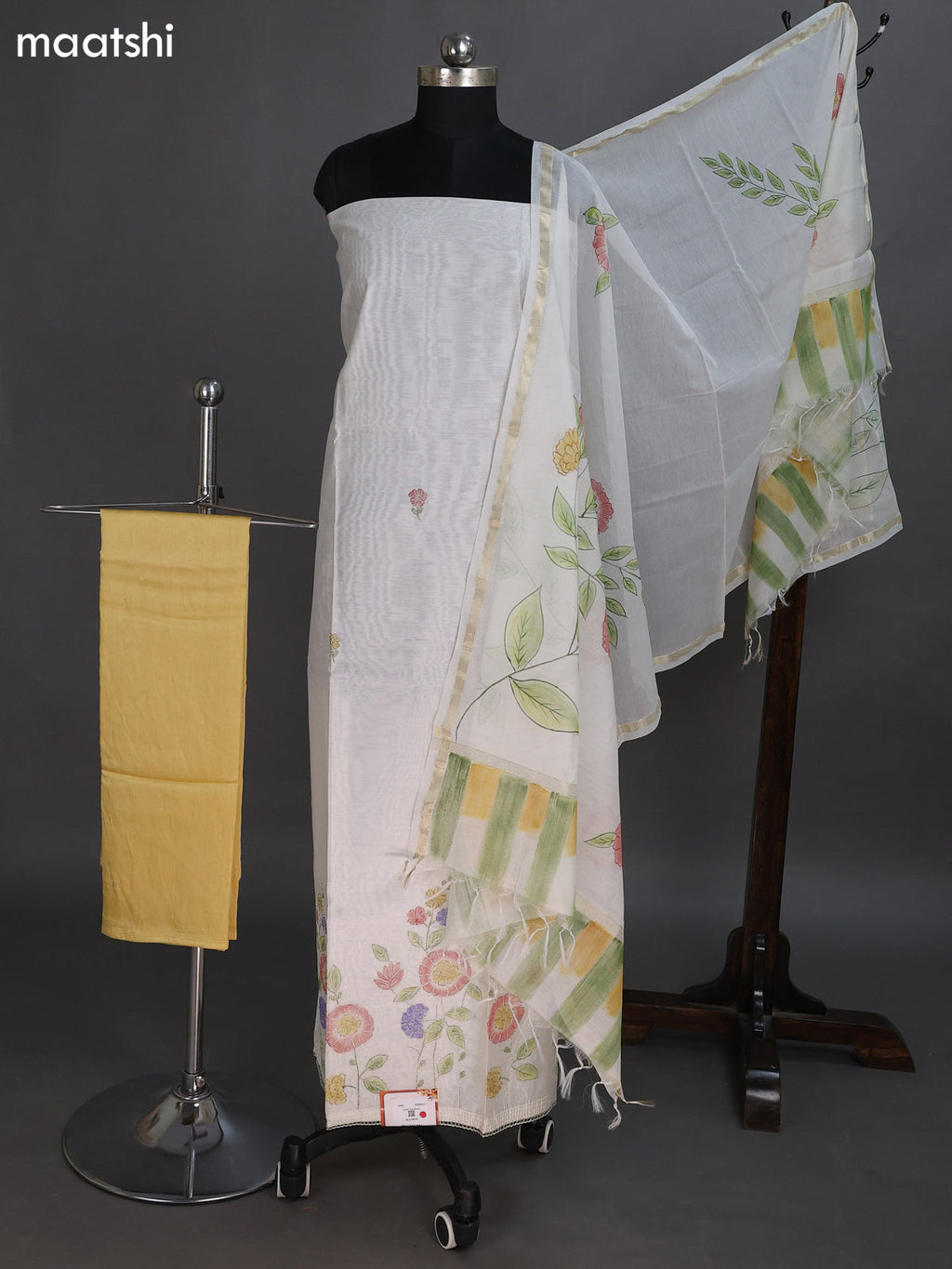 Cream and Mustard Yellow Chanderi Dress Material With Floral Prints & Gota Patti Work Pattern and Bottom & Dupatta