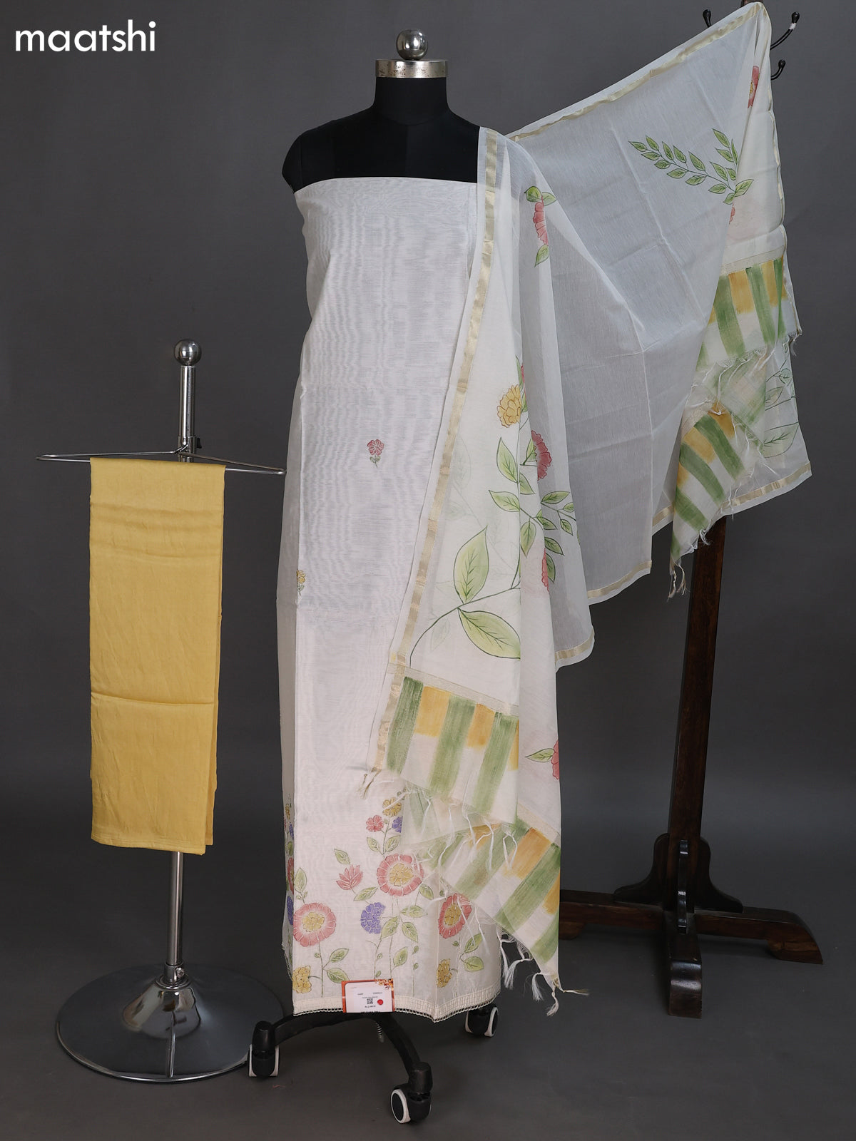 Cream and Mustard Yellow Chandri Dress Material With Floral Prints & Gota Patti Work Pattern and Bottom & Dupatta