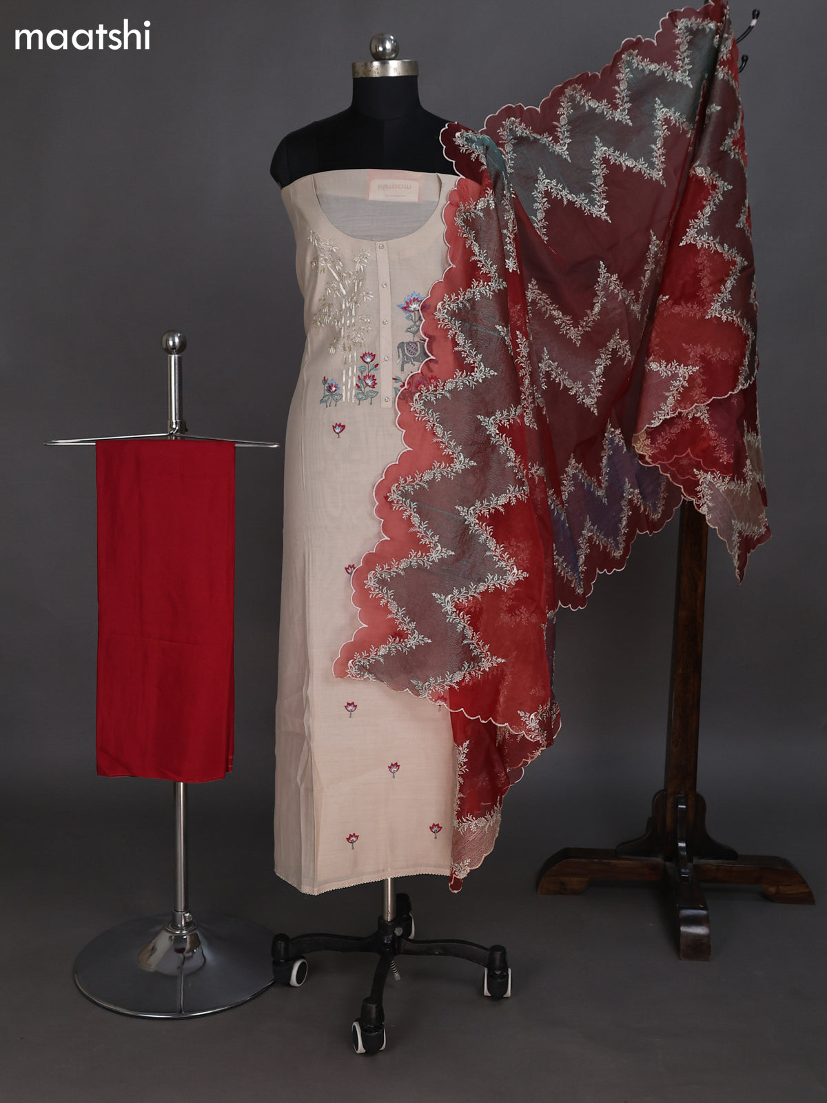 Beige and Maroon Chandri Dress Material With Embroidery Work Pattern and Bottom & Dupatta