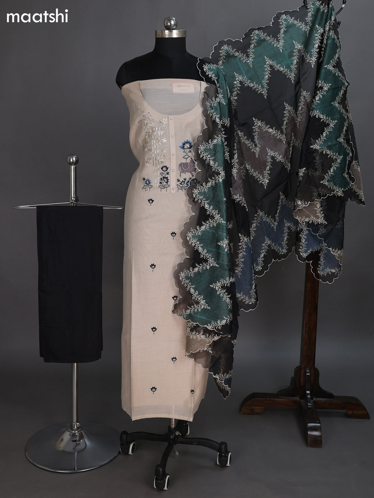 Beige and Black Chandri Dress Material With Embroidery Work Pattern and Bottom & Dupatta