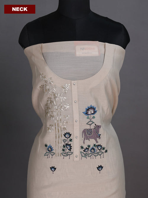 Beige and Black Chanderi Dress Material With Embroidery Work Pattern and Bottom & Dupatta