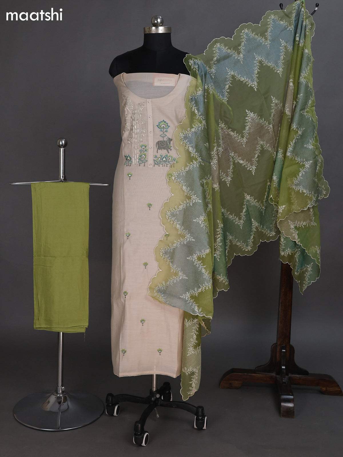 Beige and Green Chandri Dress Material With Embroidery Work Pattern and Bottom & Dupatta