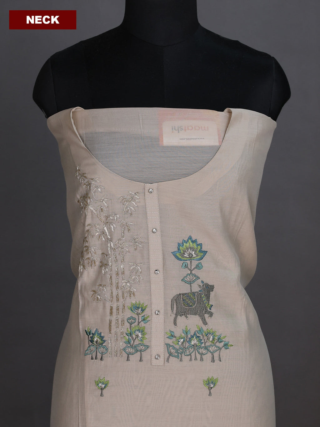 Beige and Green Chanderi Dress Material With Embroidery Work Pattern and Bottom & Dupatta