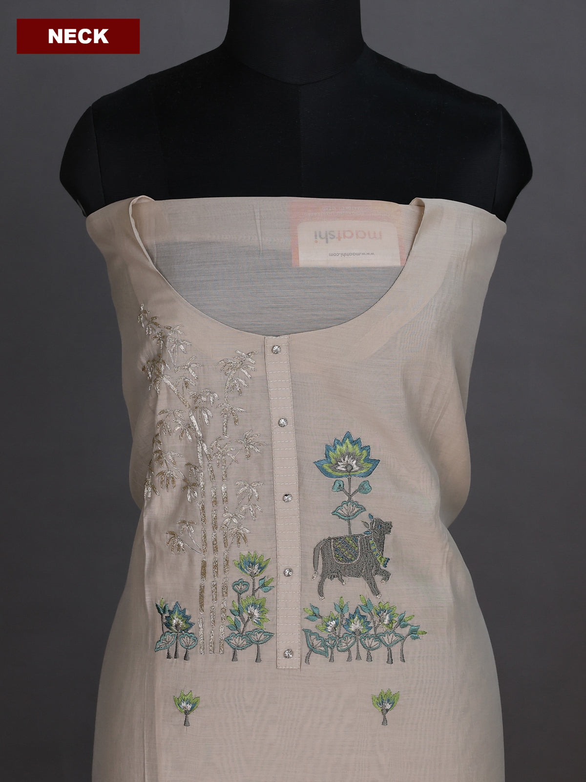 Beige and Green Chandri Dress Material With Embroidery Work Pattern and Bottom & Dupatta