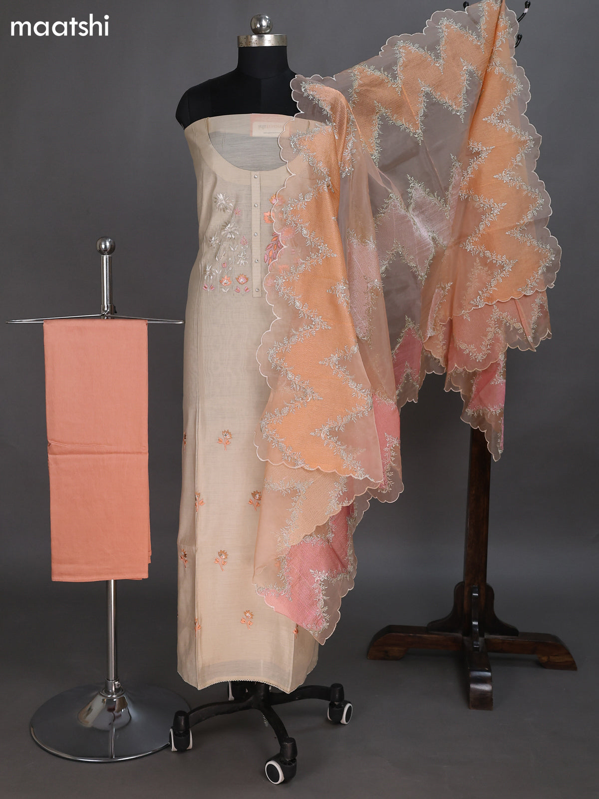 Beige and Peach Orange Chandri Dress Material With Embroidery Work Pattern and Bottom & Dupatta