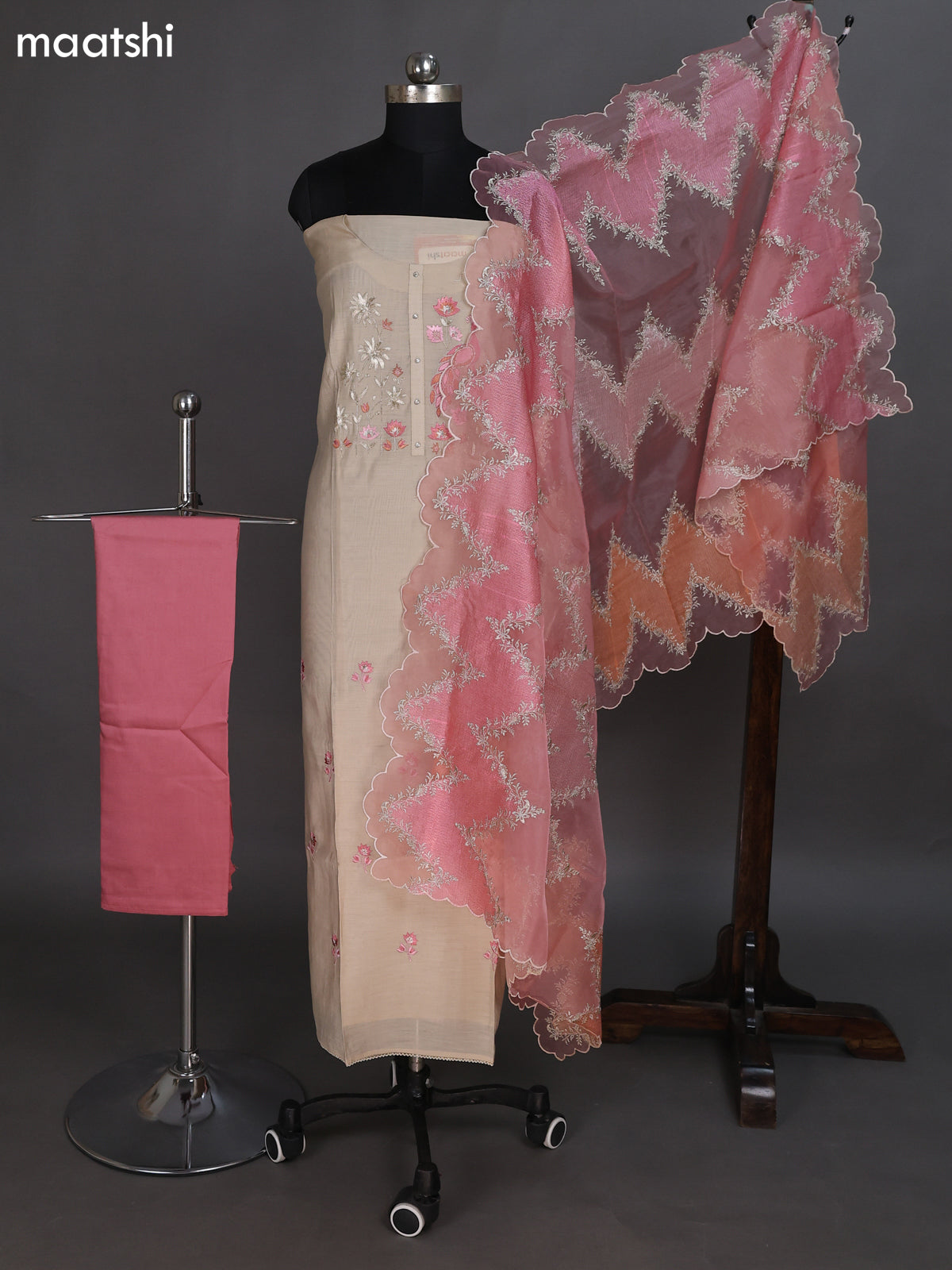 Beige and Peachi Pink Chandri Dress Material With Embroidery Work Pattern and Bottom & Dupatta